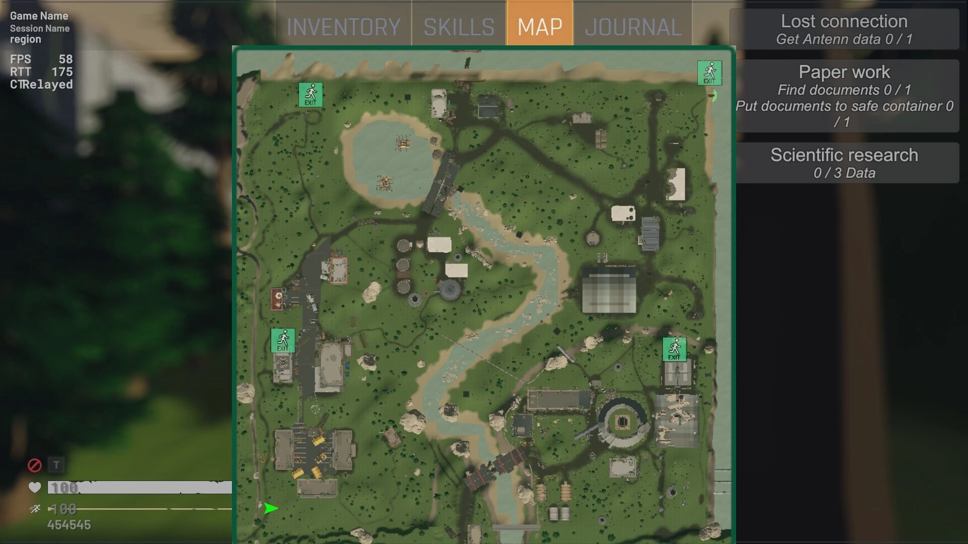 Exit Ways: Tactical map view showing quest objectives and exit points in a forested landscape environment.
