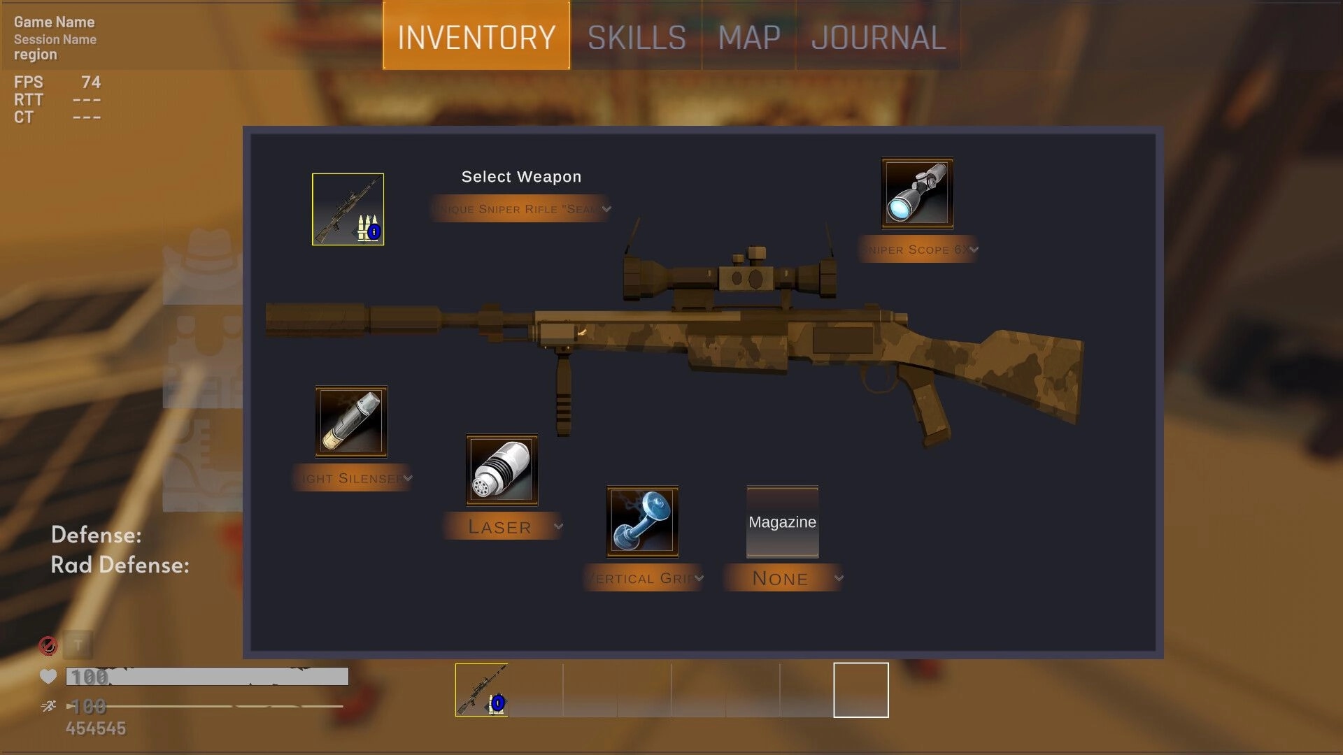 Exit Ways: Inventory screen displaying a unique sniper rifle with attachments in a dimly lit room