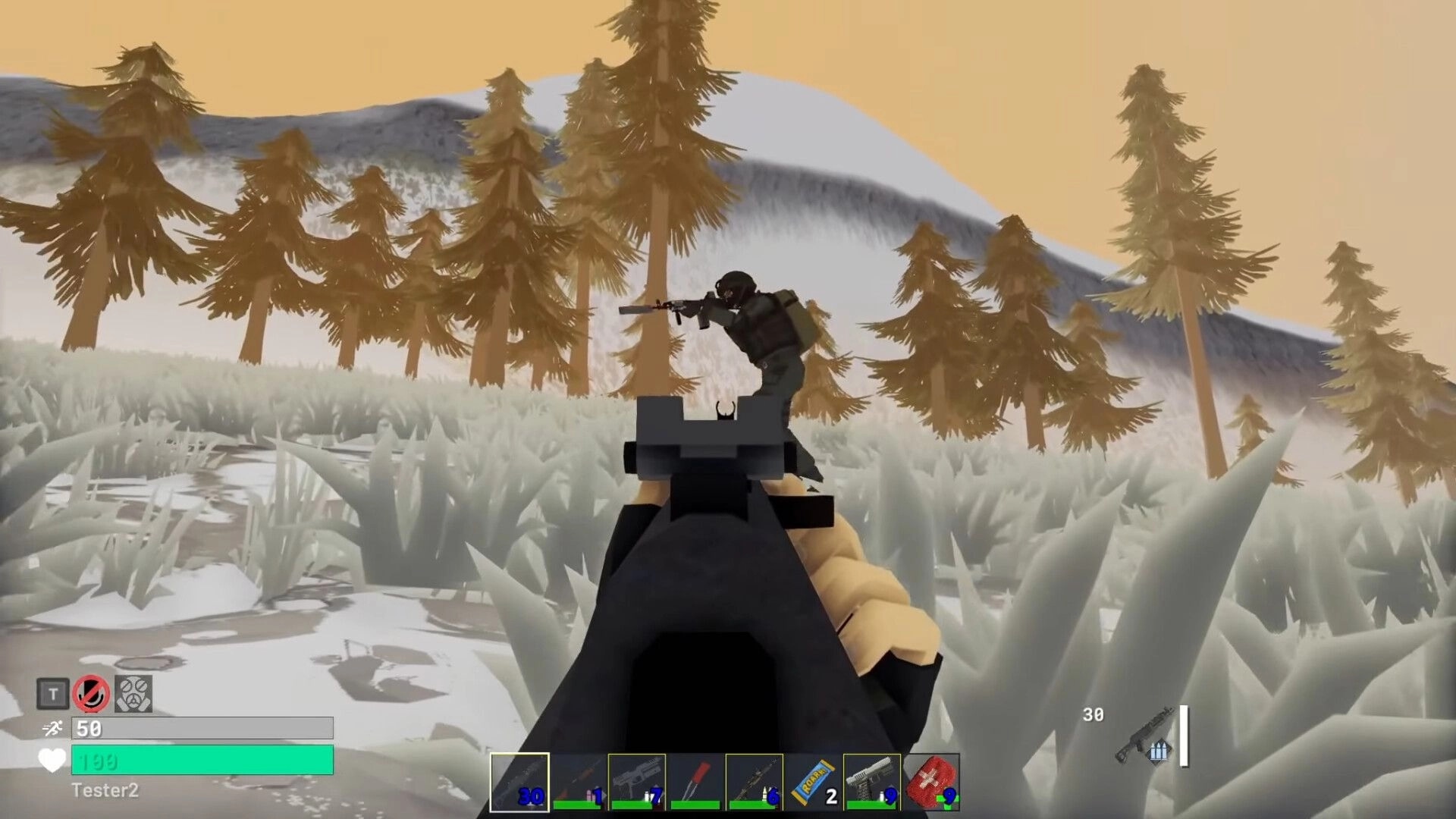 Exit Ways: First-person aiming at enemy in snowy forest with weapon inventory visible at bottom