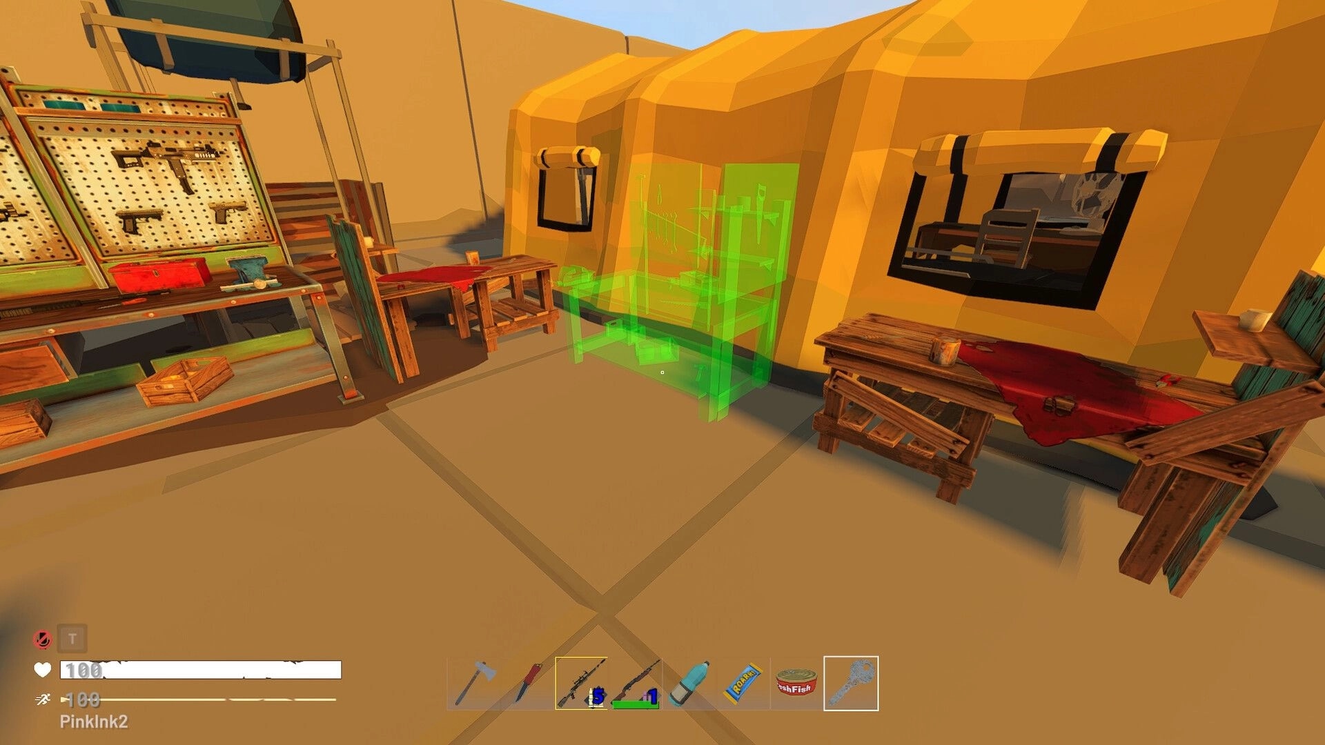 Exit Ways: Crafting area with workbench and tools next to yellow tent, inventory UI visible at bottom.