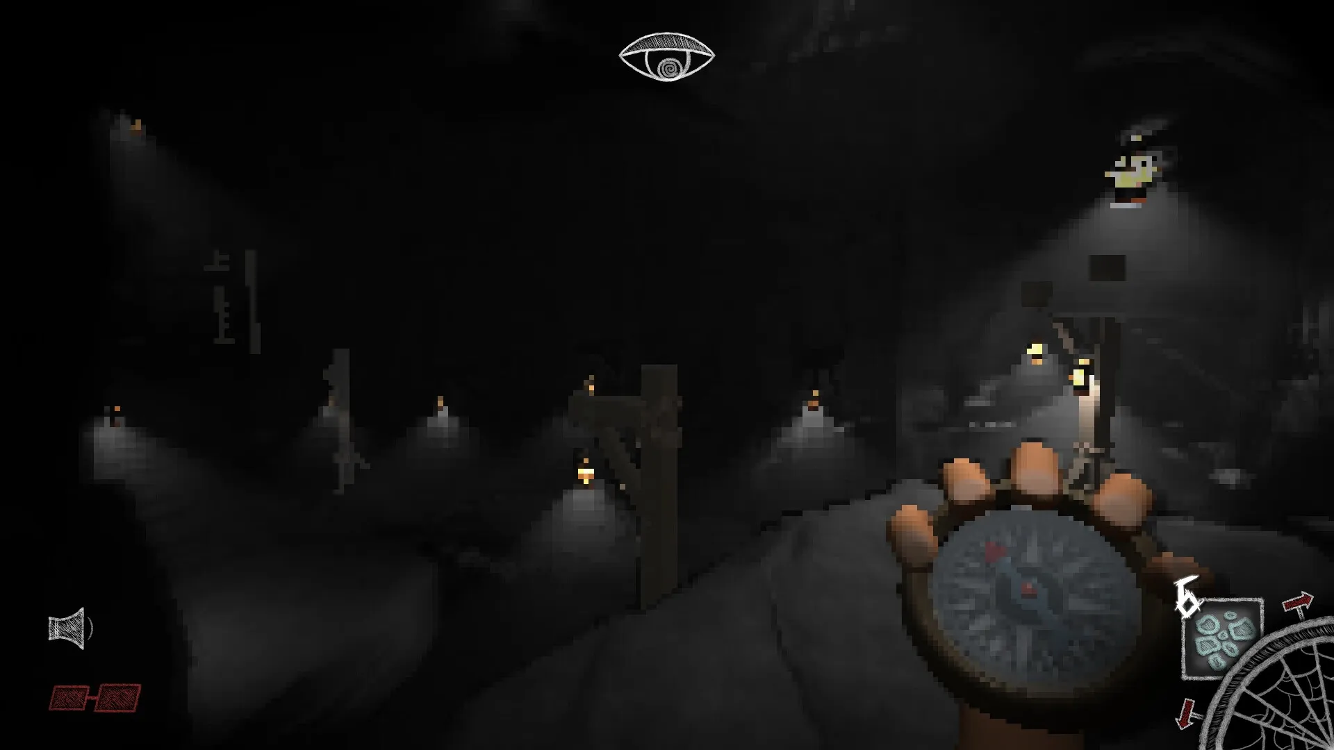 Exitless: Holding compass in dark labyrinth with eerie lamps illuminating the path and UI elements visible.