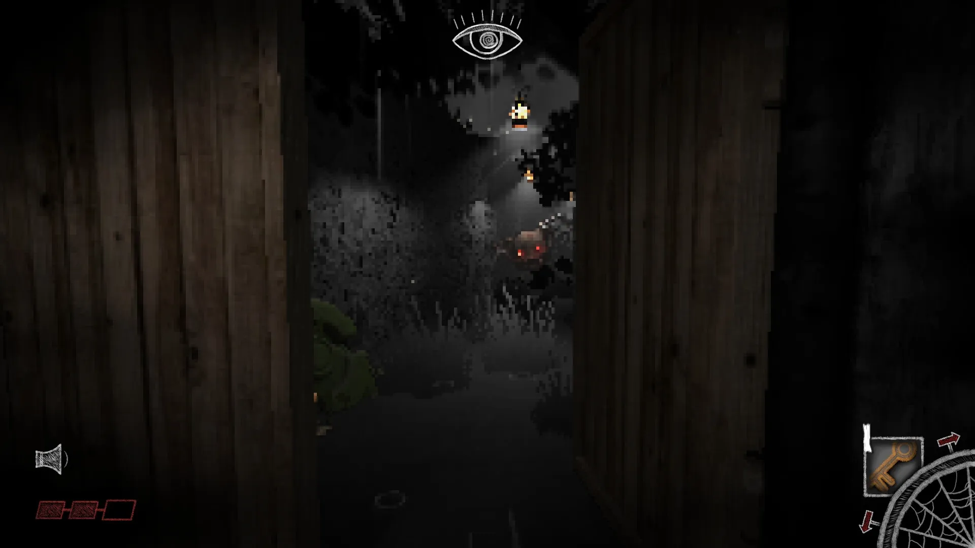 Exitless: Creepy hallway view with ominous red-eyed spider teddy and key icon in dark wooden corridor