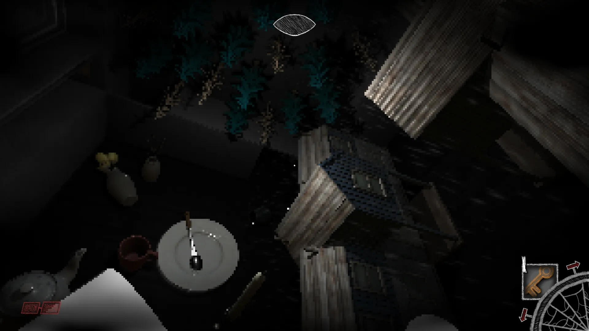 Exitless: Overhead view of eerie room with plates, cups, and wooden crates in dimly lit labyrinth