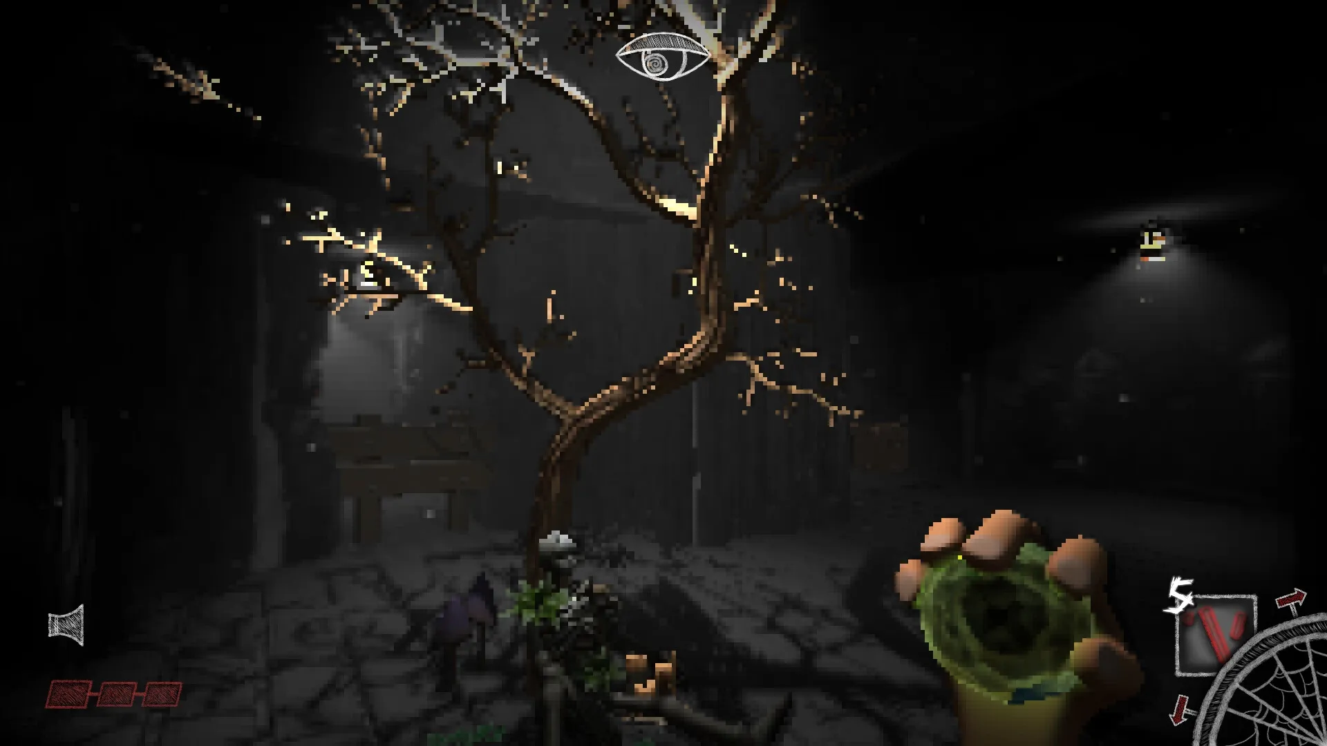 Exitless: Player holds a glowing orb in dark corridor with eerie tree and skeleton nearby. UI elements visible.