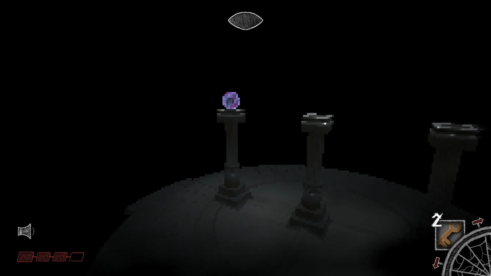 Exitless: Dark room with two pedestals, one holding a glowing purple orb, key icon on screen corner.