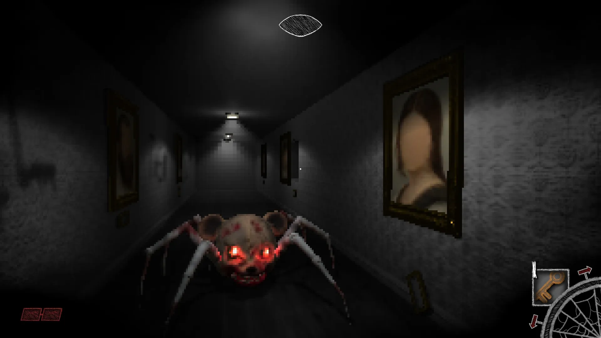Exitless: Evil spider teddy in a dark hallway with eerie portraits, key and web-like menu displayed