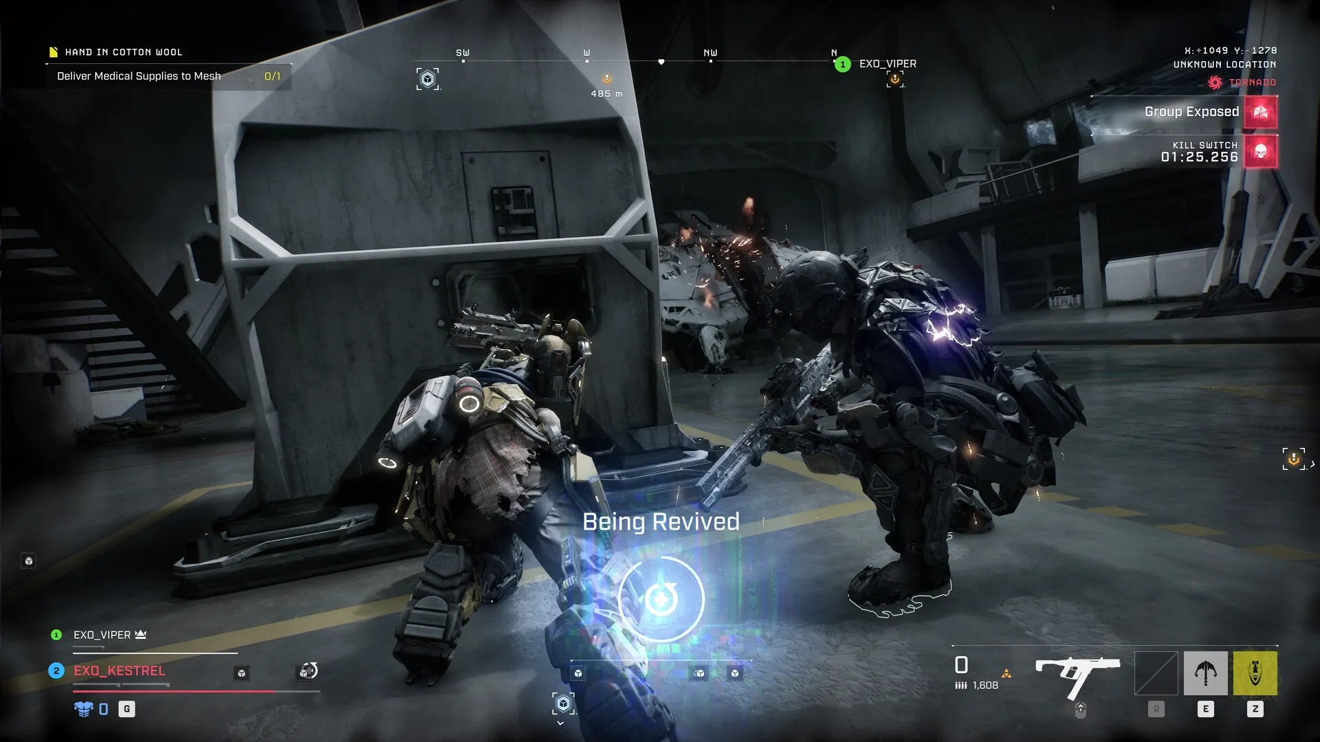 Exoborne: EXO_KESTREL being revived by EXO_VIPER in an industrial hangar with mission details displayed.