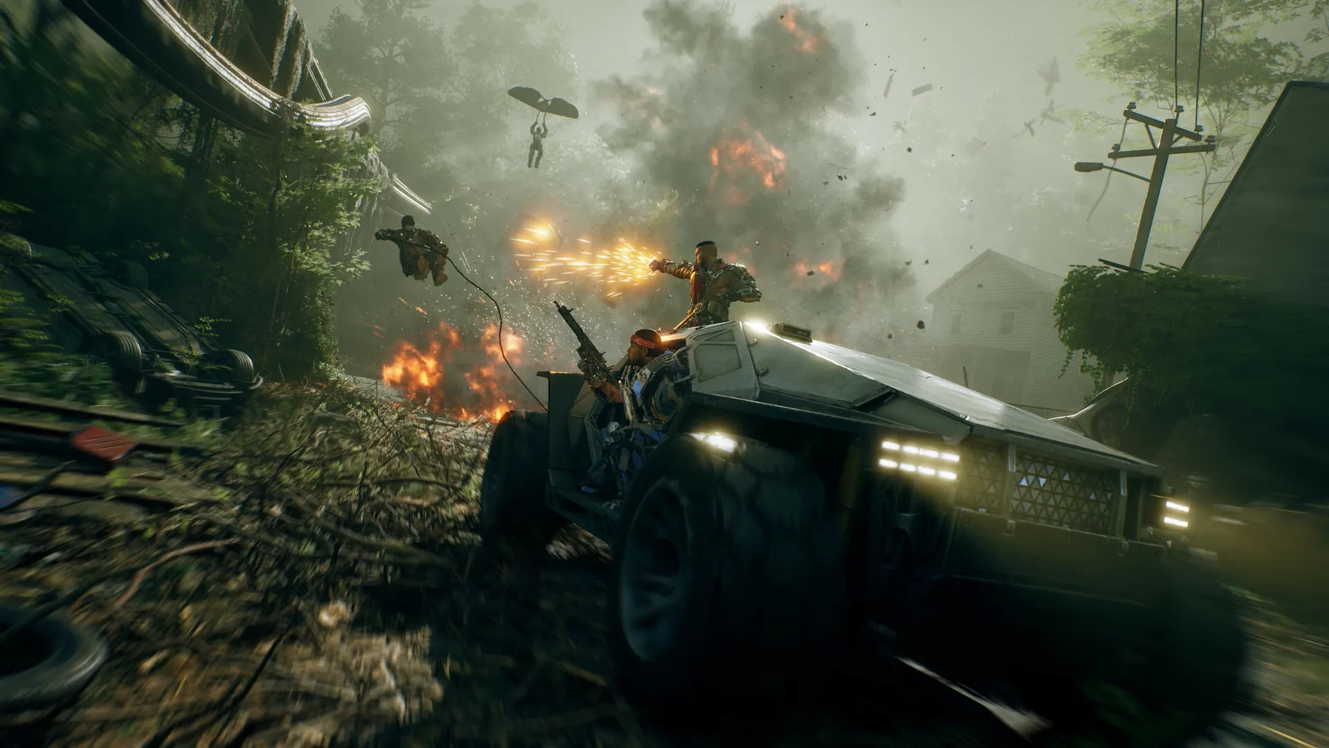 Exoborne: Players in exo-rigs engage in combat from armored vehicle amidst explosions in forest setting.