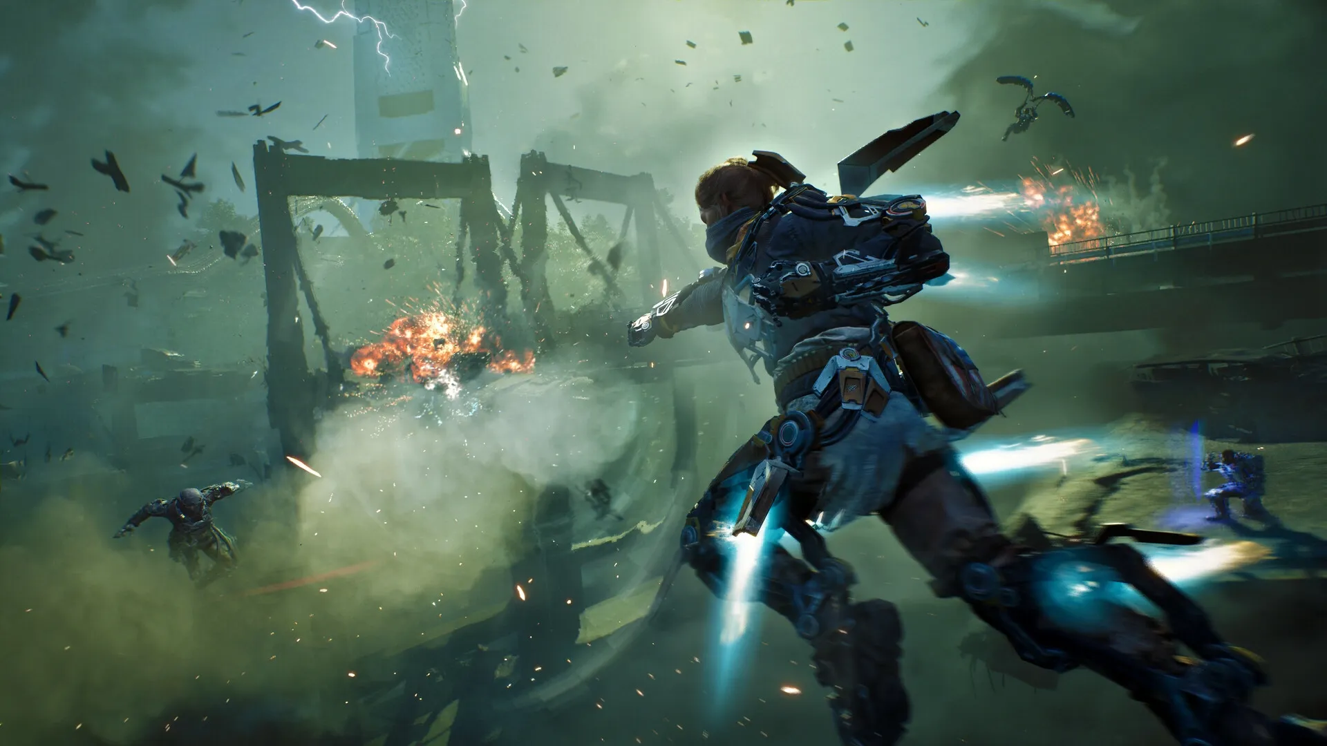 Exoborne: Character in exo-rig flying amidst chaos and explosions in a stormy battlefield environment