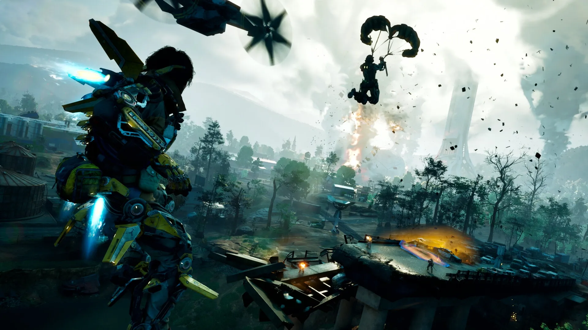Exoborne: Player in exo-rig with jetpack observes paratrooper landing in stormy, forested environment