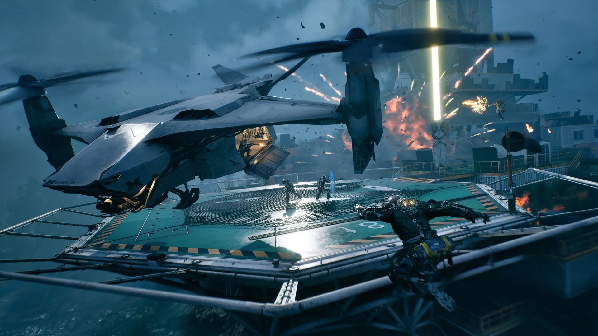 Exoborne: Tactical combat on a rooftop helipad amidst explosions and a hovering aircraft in stormy weather