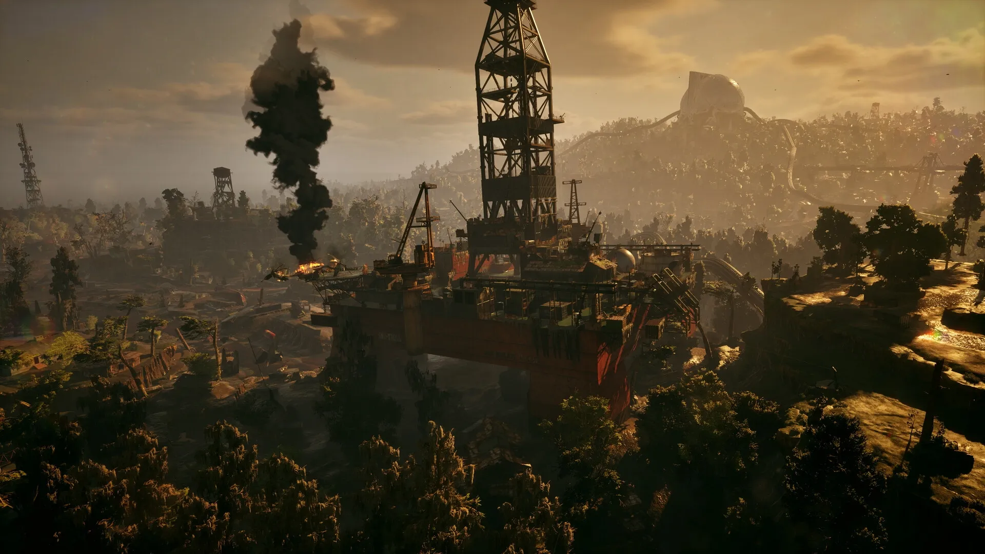 Exoborne: Abandoned oil rig amidst dense forest and distant mountains under dramatic sky.