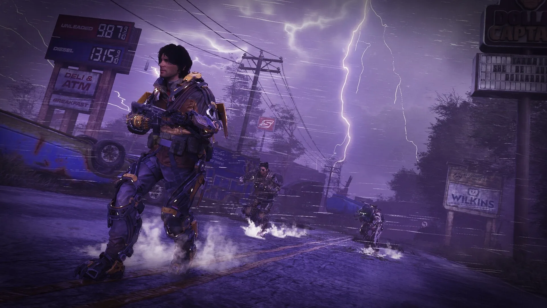 Exoborne: Players in exo-rigs sprint through a stormy street with lightning and overturned car nearby.