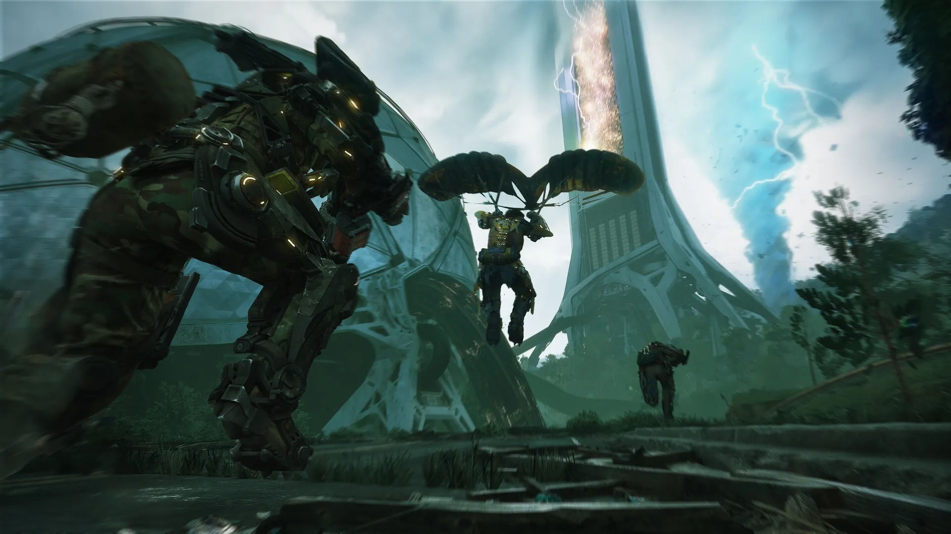 Exoborne: Players in exo-rigs maneuver through a stormy landscape with towering structures and lightning.