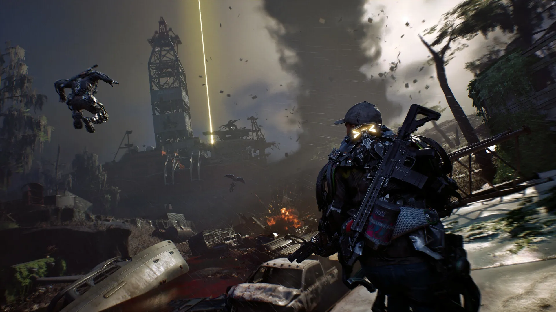 Exoborne: Player in exo-rig facing a stormy, chaotic landscape with debris and distant explosions
