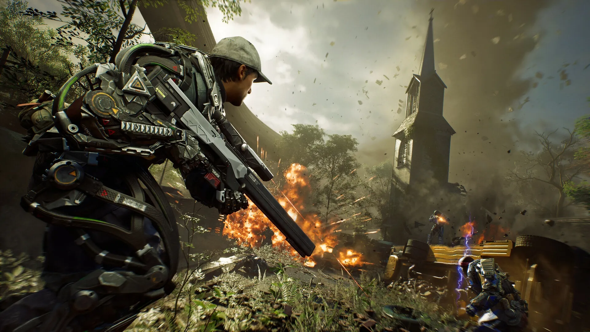 Exoborne: Player in advanced exo-rig engaging enemies amidst explosions and tornado near a church.