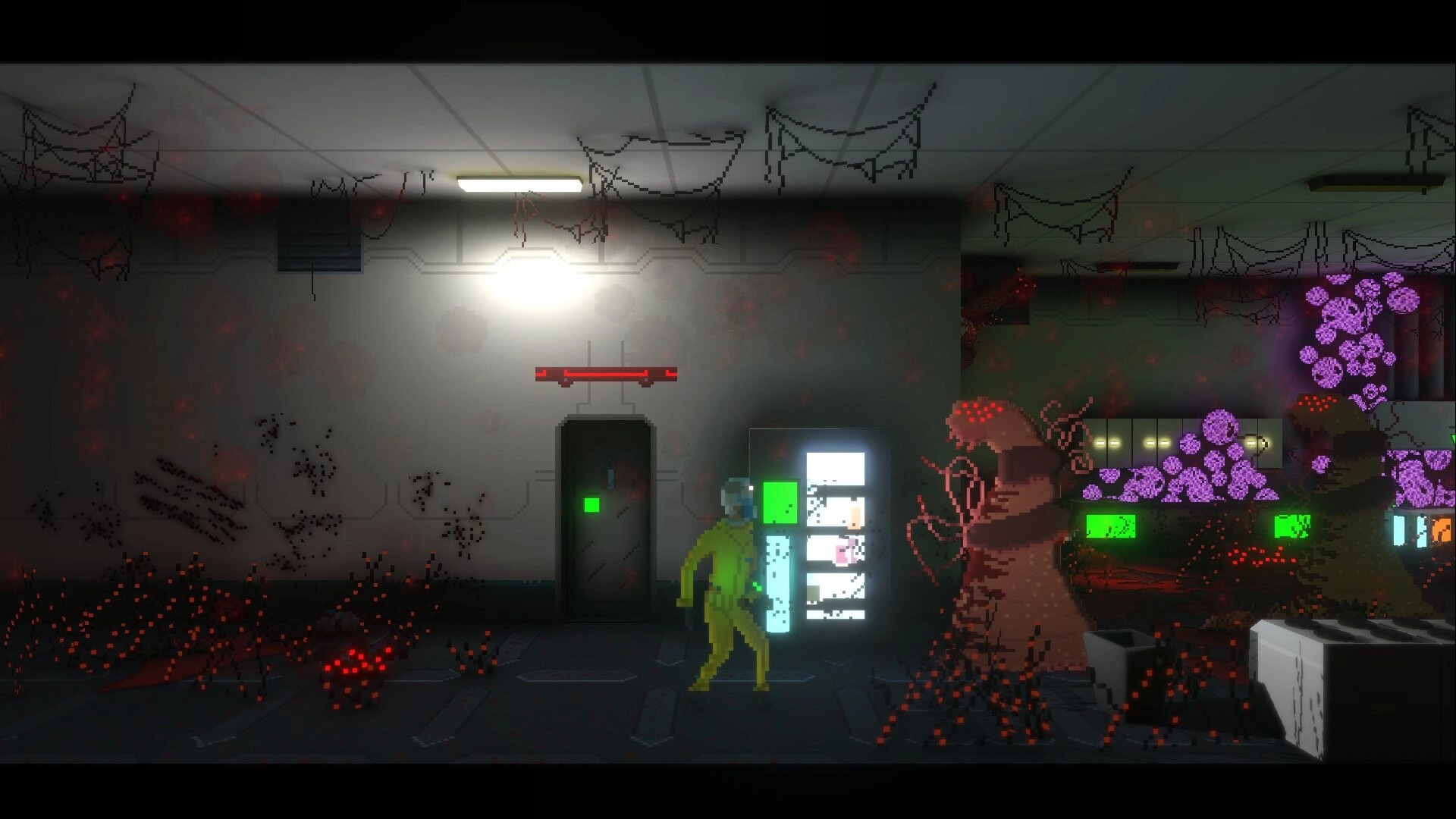 Exogenesis: Player in hazmat suit by a lit console and door in a gore-stained lab with alien growths.