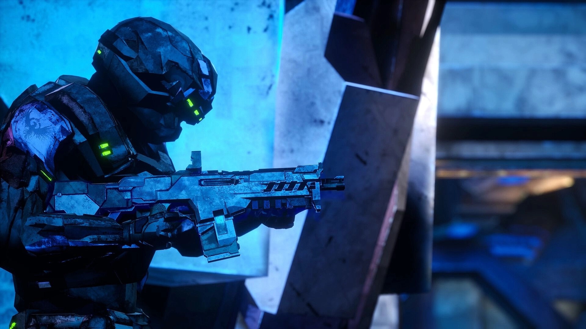 EXOSHOCK: Armored soldier aiming rifle in futuristic blue-lit corridor