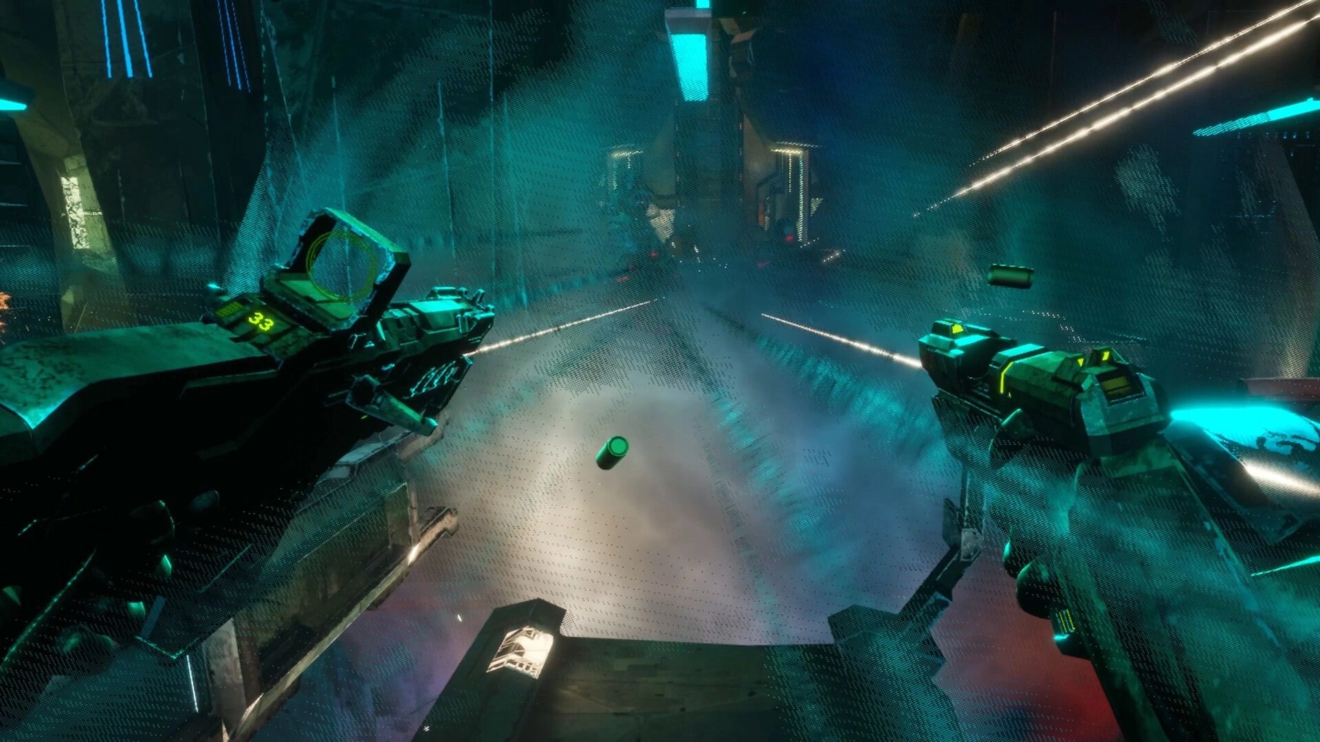 EXOSHOCK: Dual-wielding futuristic weapons in an intense corridor firefight with neon-lit ambiance