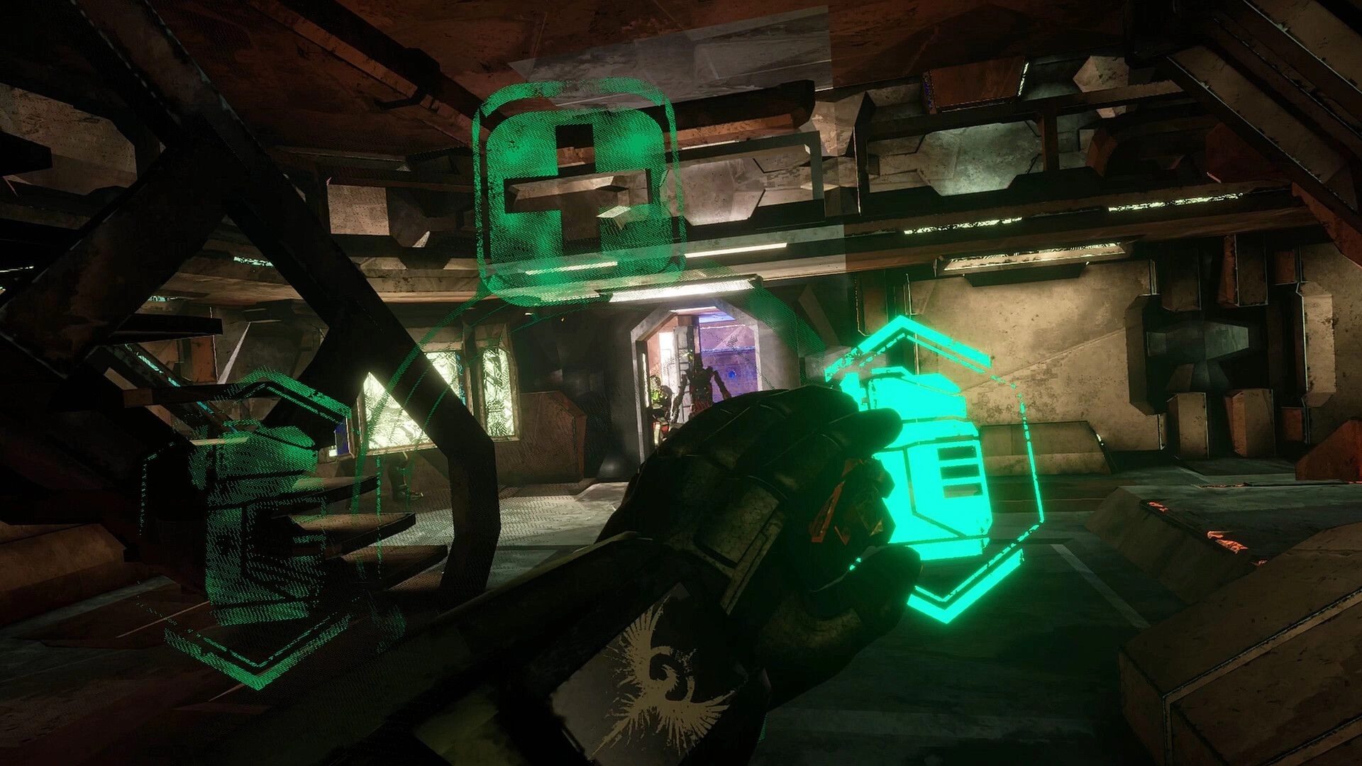 EXOSHOCK: Player holds green holographic item in industrial corridor with visible health icons
