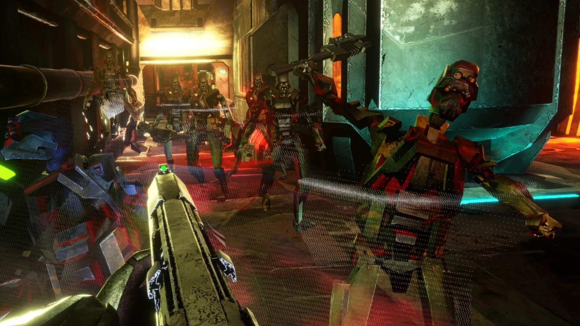 EXOSHOCK: First-person combat with hostile robots in a dimly lit corridor environment