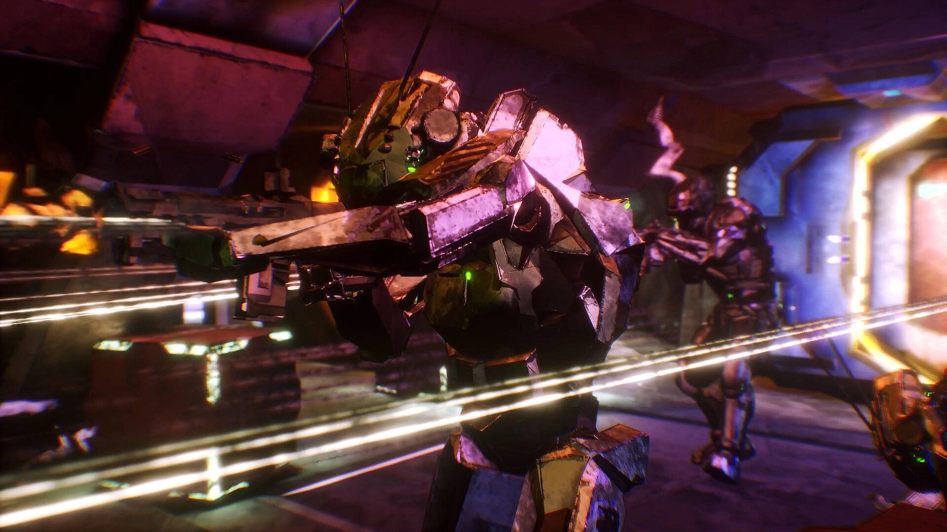 EXOSHOCK: Intense firefight between armored soldiers in a dimly lit, industrial space corridor.