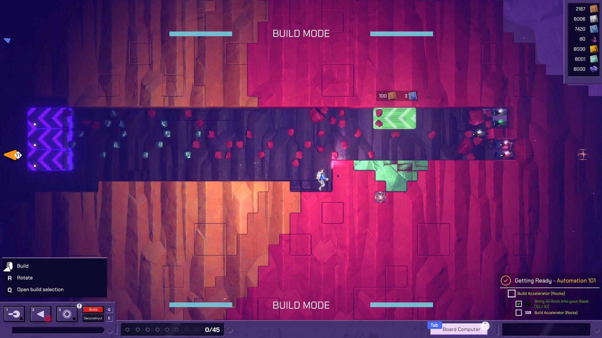 Exovia: Character in build mode constructing pathways in a vibrant underground mining environment