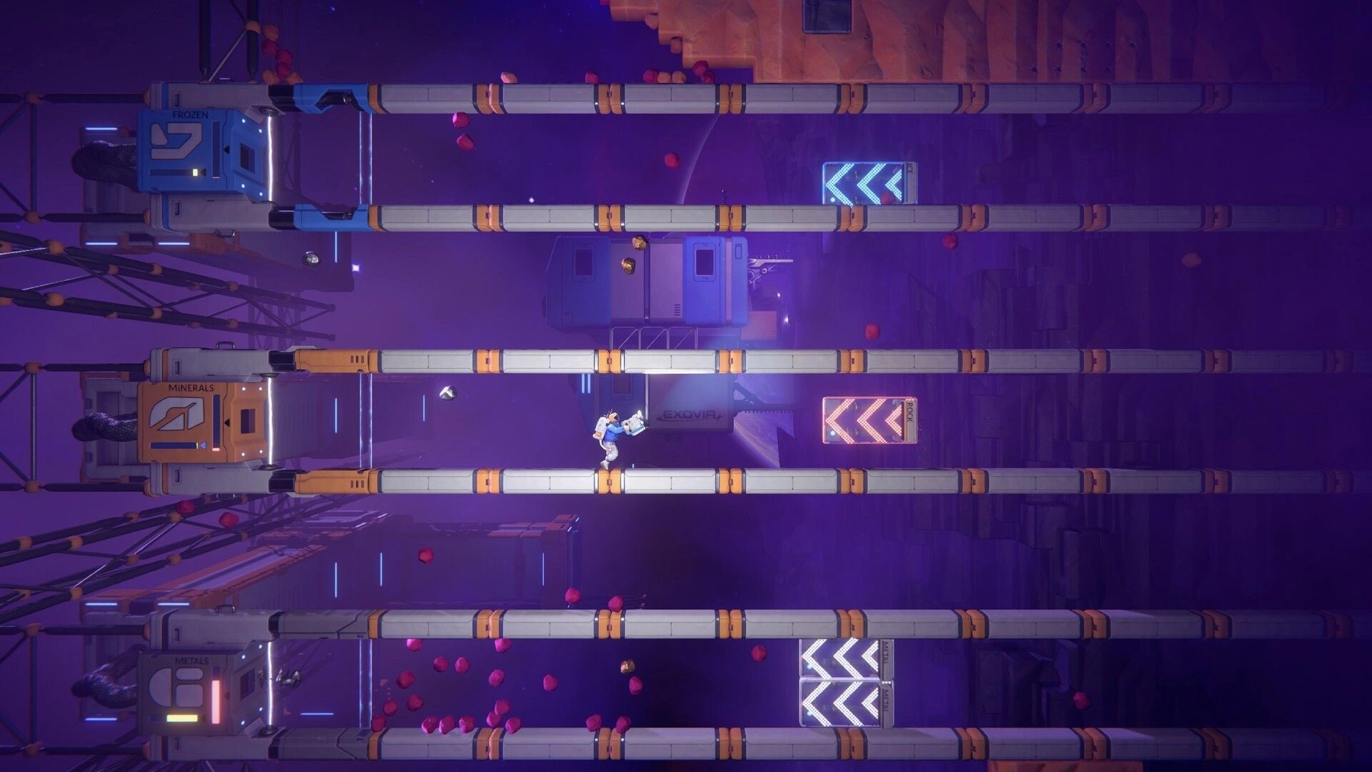 Exovia: Character transports minerals through conveyor belts in a futuristic mining facility