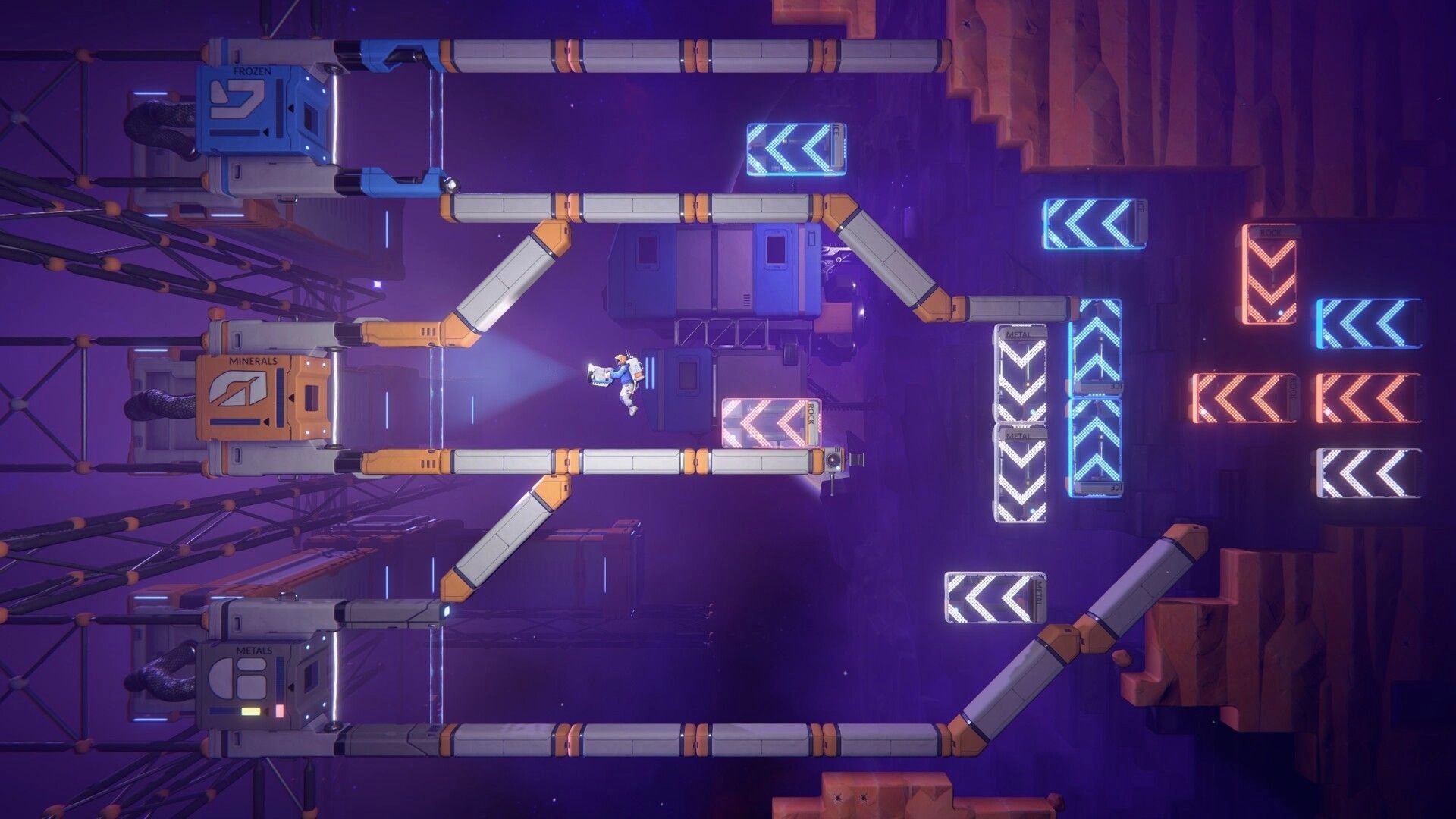 Exovia: Astronaut navigating pipes and containers in a glowing, futuristic asteroid mining facility