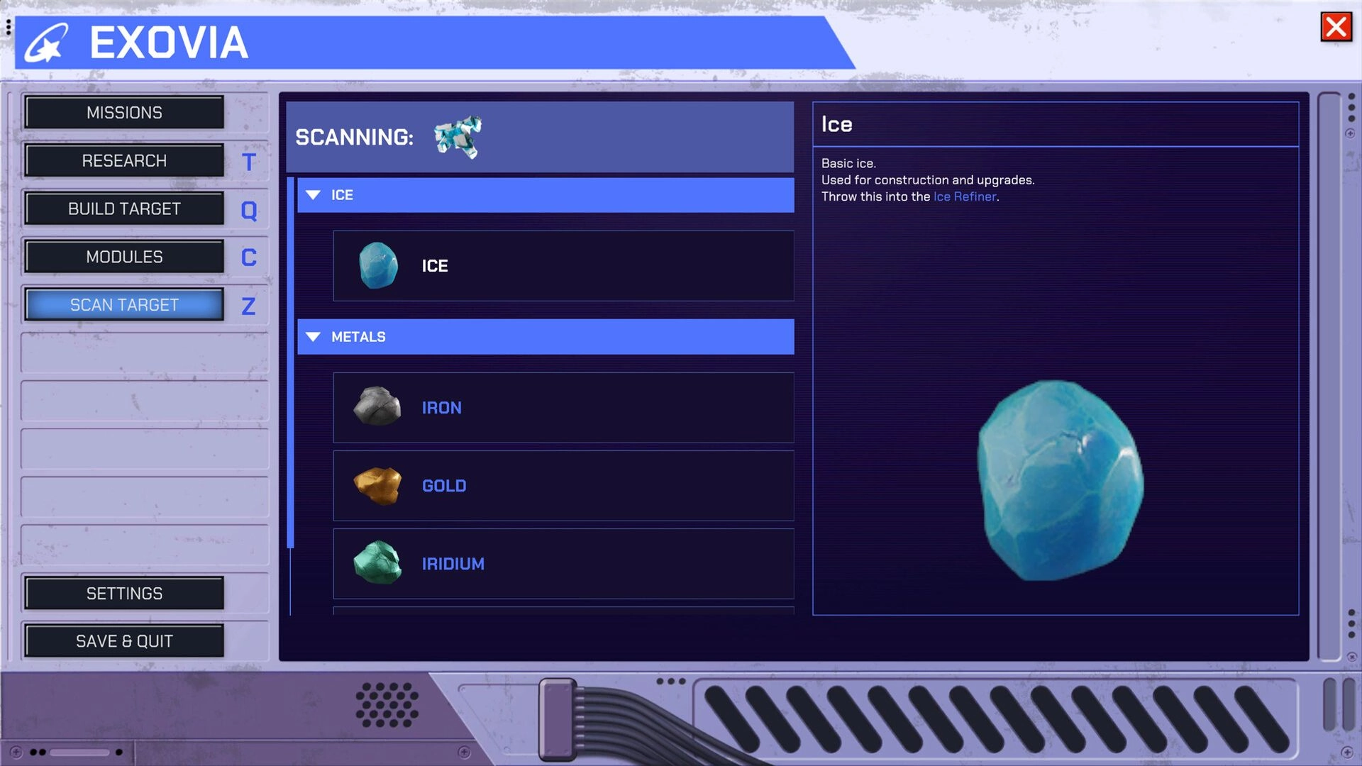 Exovia: Mineral scanning interface showing ice and metal categories in asteroid mining simulation