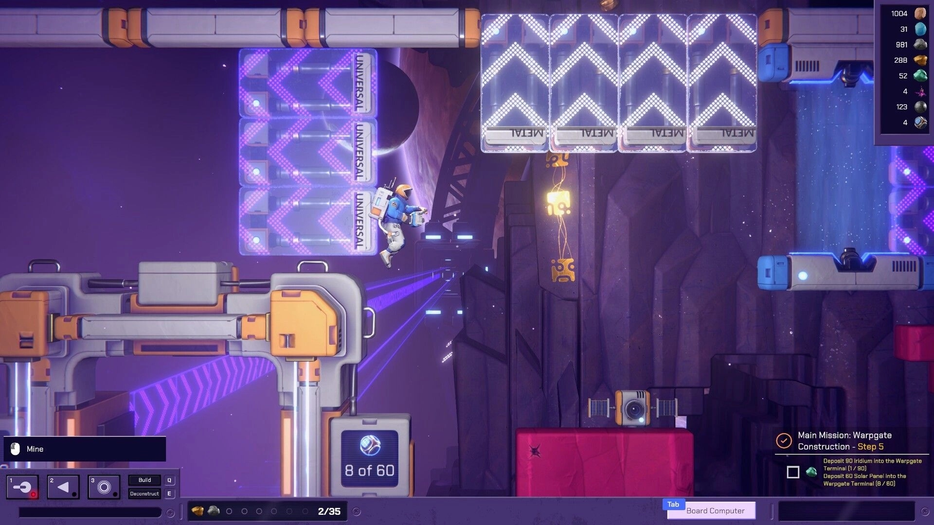 Exovia: Astronaut navigating futuristic mining facility with resource stats and mission details displayed