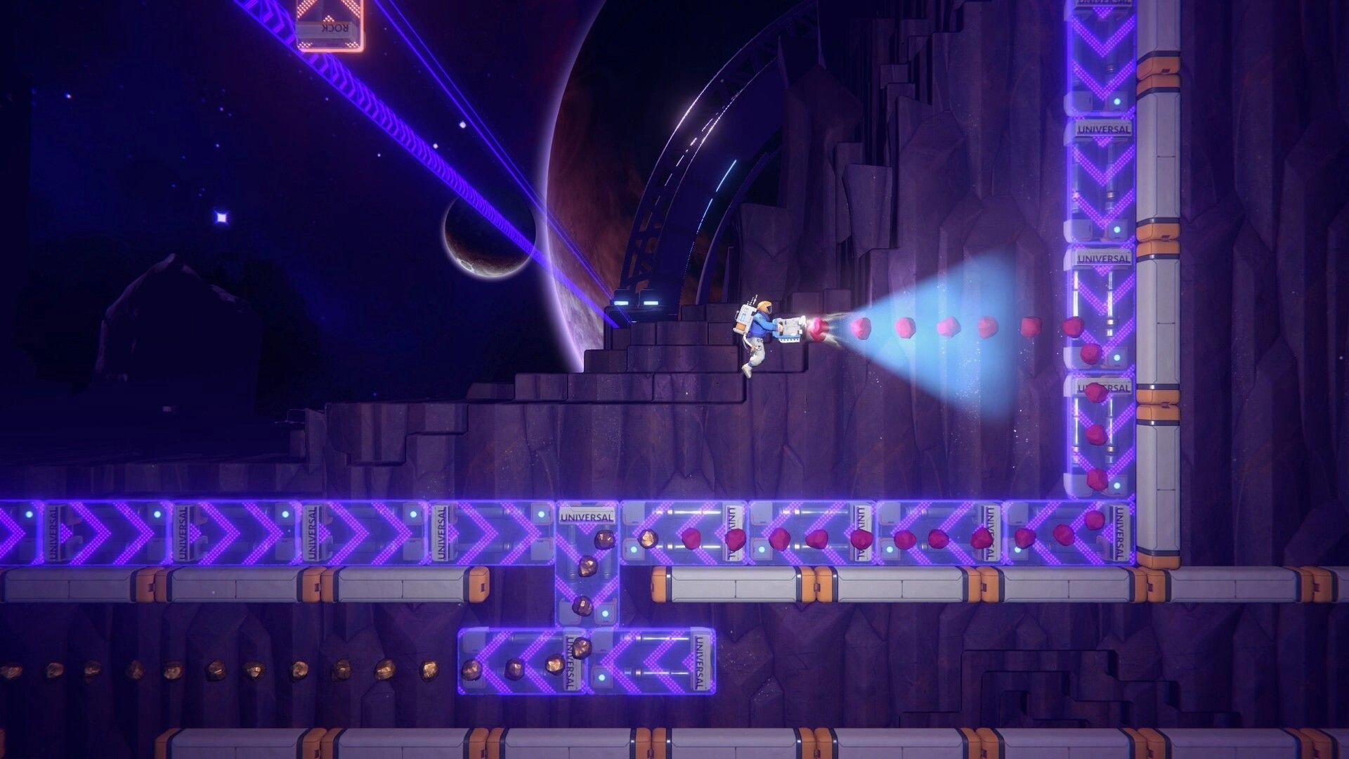 Exovia: Astronaut mining asteroids with laser in a futuristic cavern, automated conveyor belts active