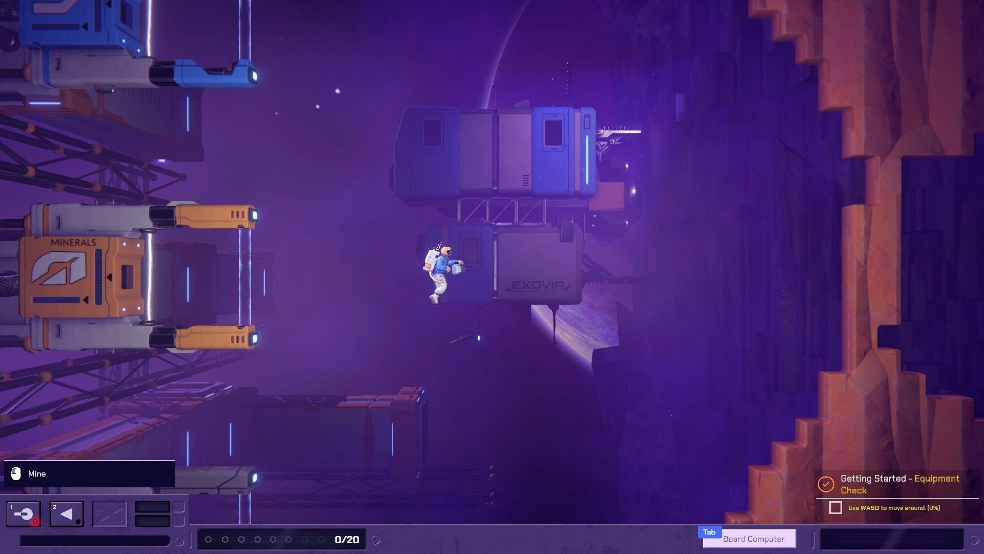 Exovia: Astronaut floating near space station with mineral containers in a purple-hued asteroid cavern