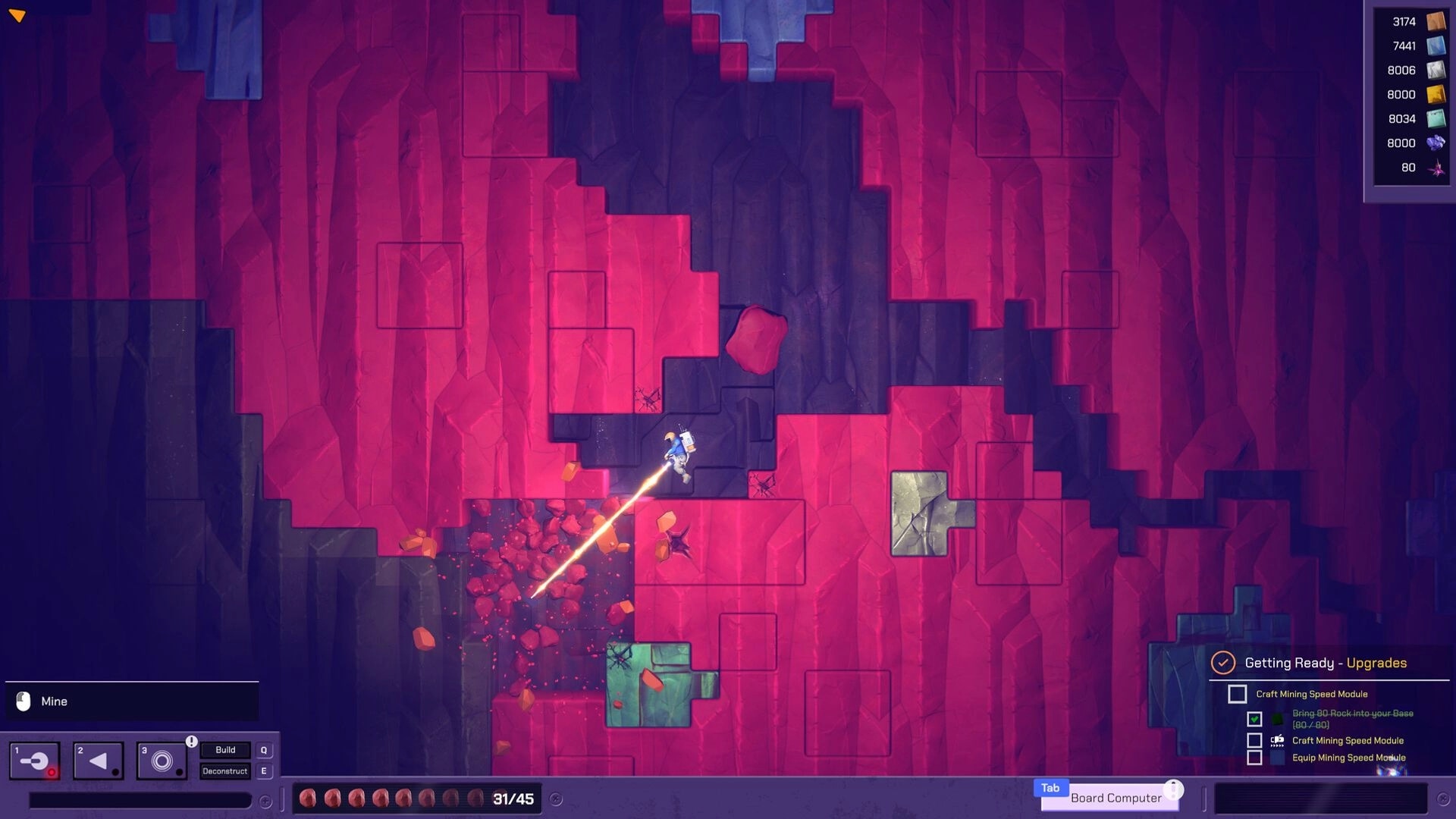 Exovia: Character mining red rock with laser in vibrant cave, UI shows inventory and resource counts