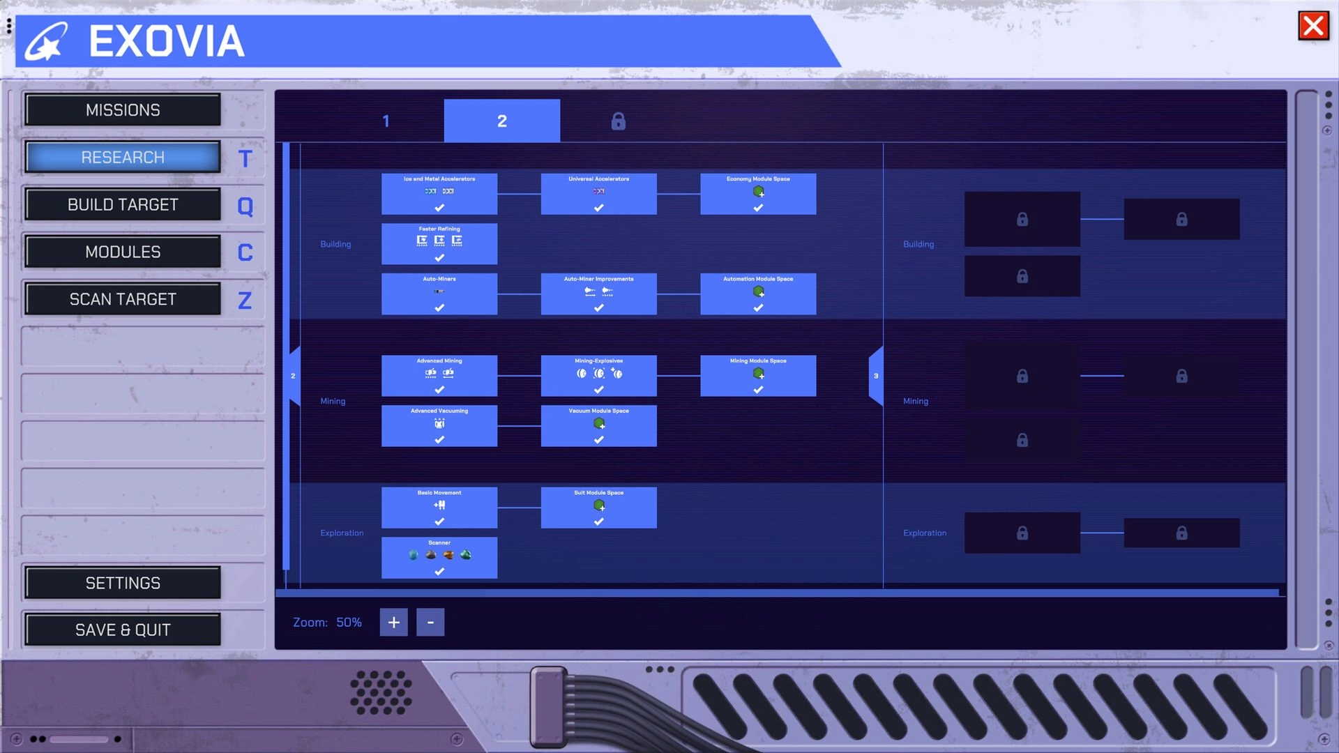 Exovia: Research menu showing tech tree for building, mining, and exploration upgrades in interface.