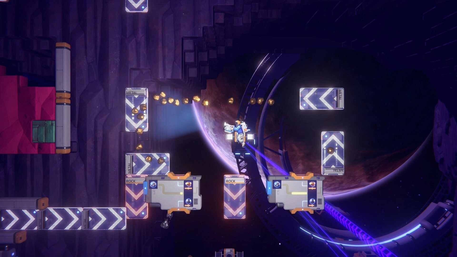Exovia: Spacesuit-clad character navigating asteroid field with conveyor belts and mineral collectors visible