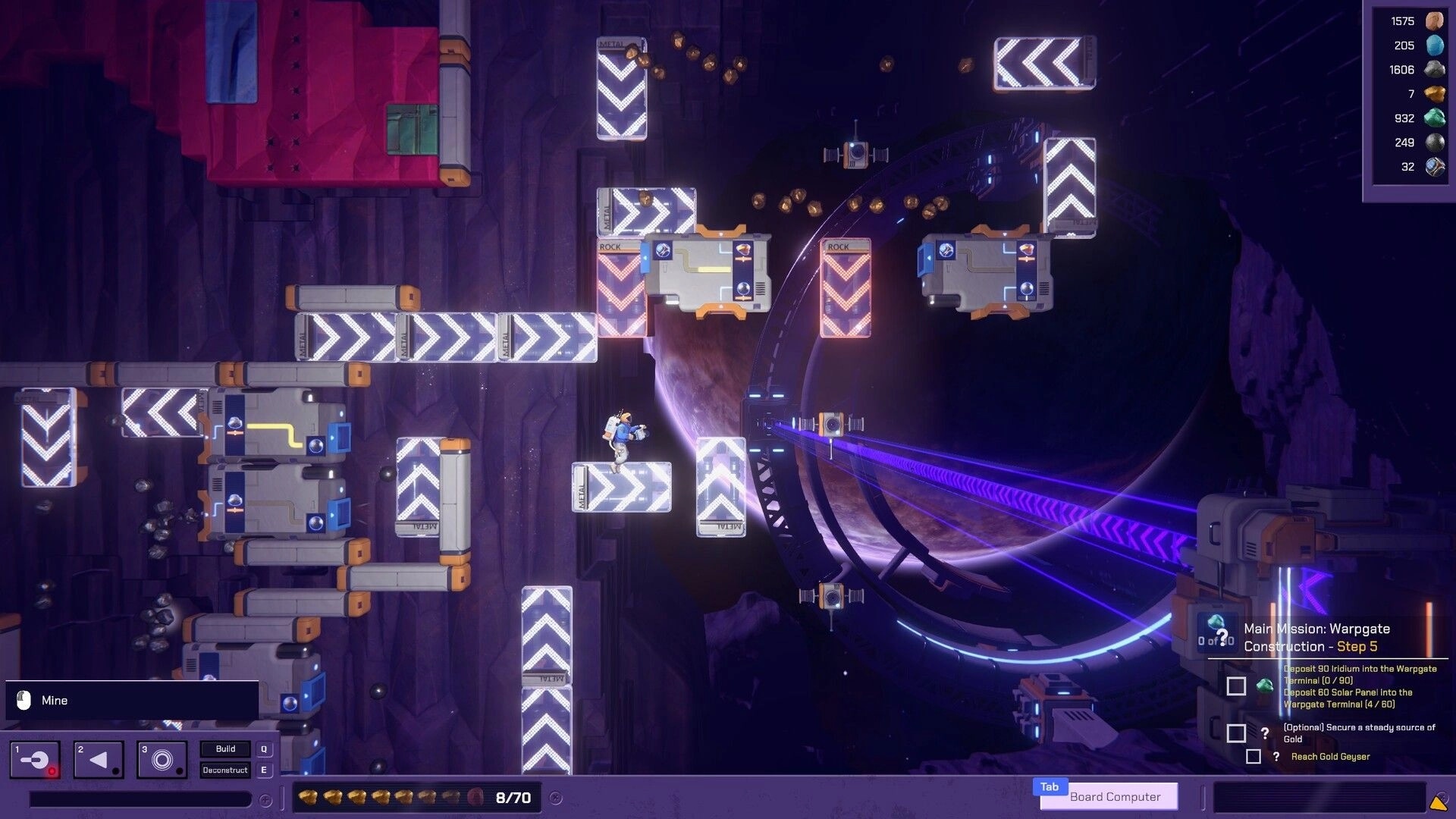 Exovia: Astronaut navigates conveyors in space mining station with inventory and mission objectives visible