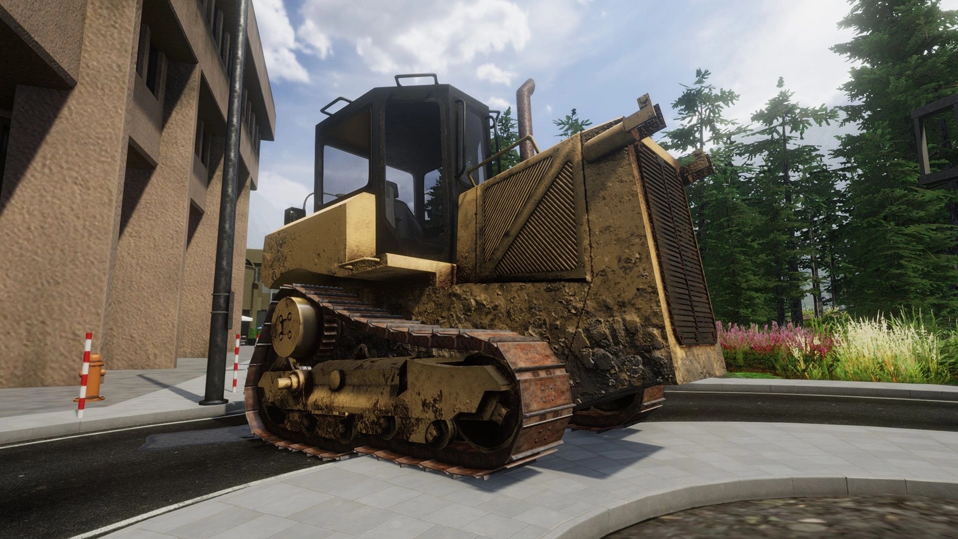 eXpanSIM: Bulldozer navigating a city street near buildings and trees in a simulation environment