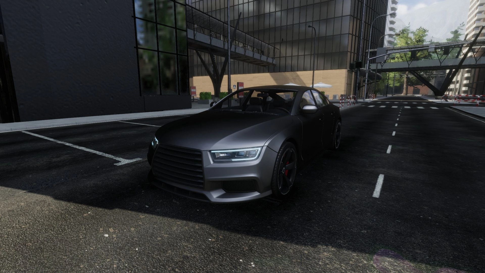 eXpanSIM: Sleek black car parked on a city street, surrounded by tall buildings and urban scenery