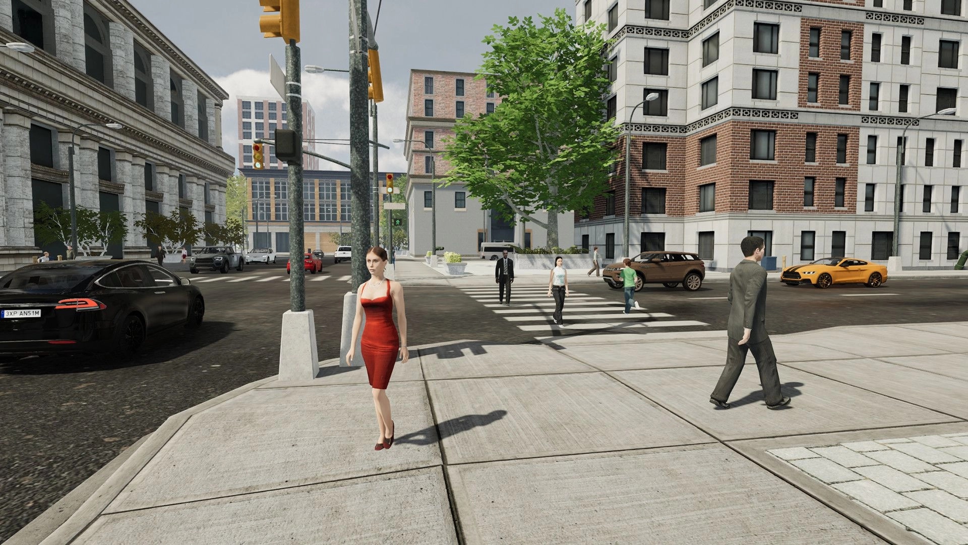 eXpanSIM: Pedestrians crossing a busy city intersection with various cars and buildings surrounding them