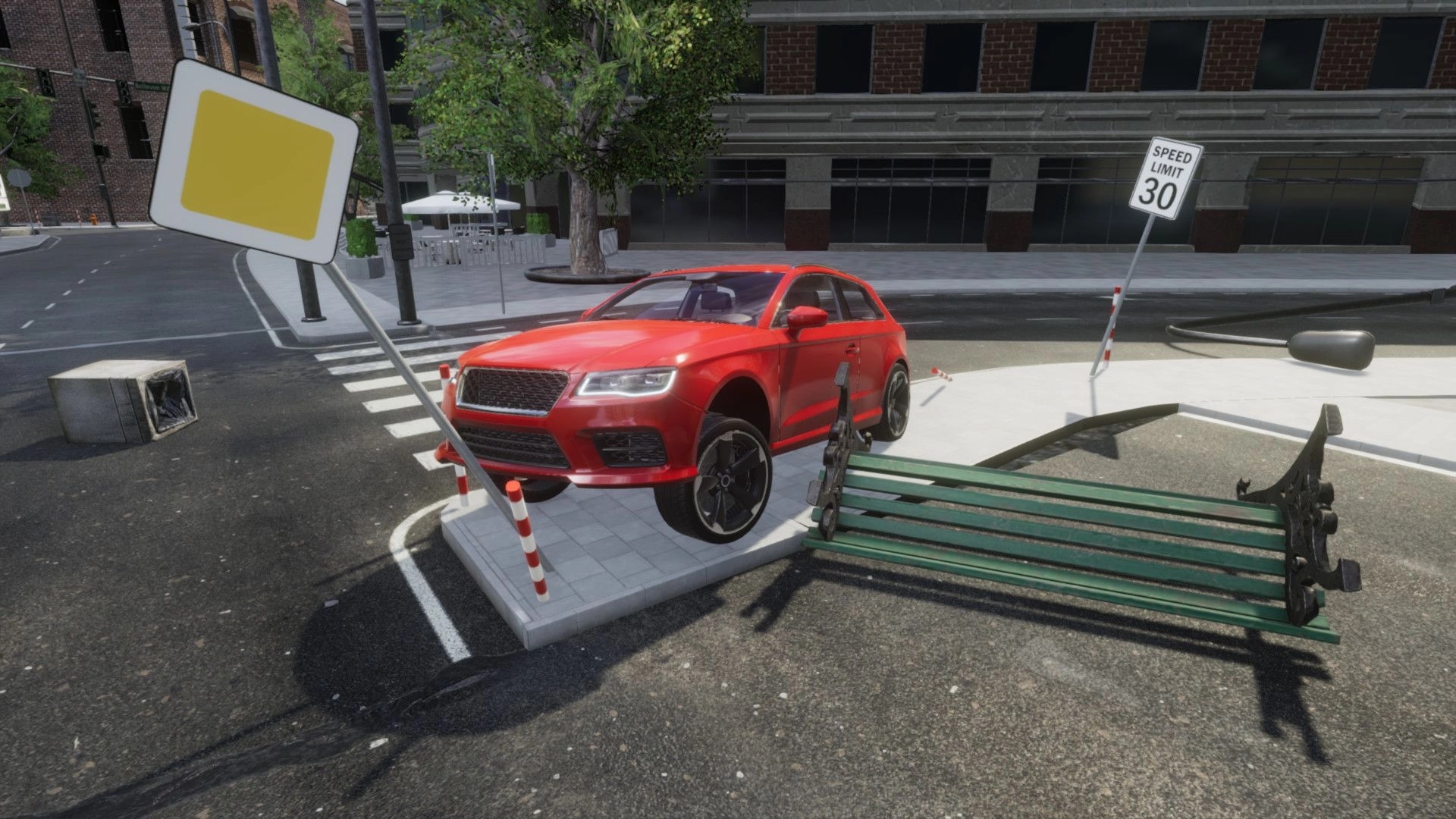 eXpanSIM: Red SUV crashed onto sidewalk, surrounded by damaged signs and a bench in urban setting