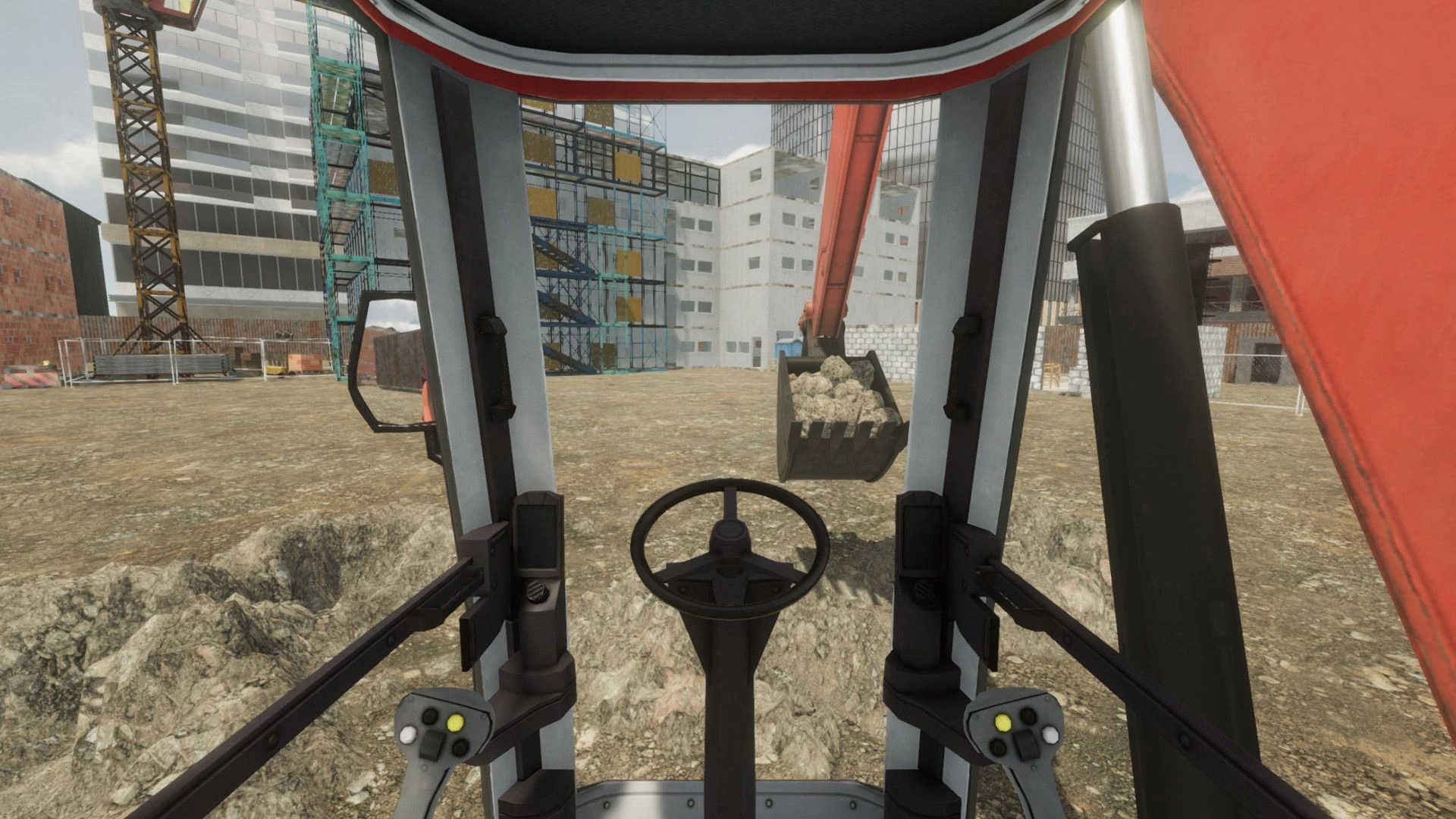 eXpanSIM: Excavator cockpit view lifting rocks on a construction site surrounded by buildings