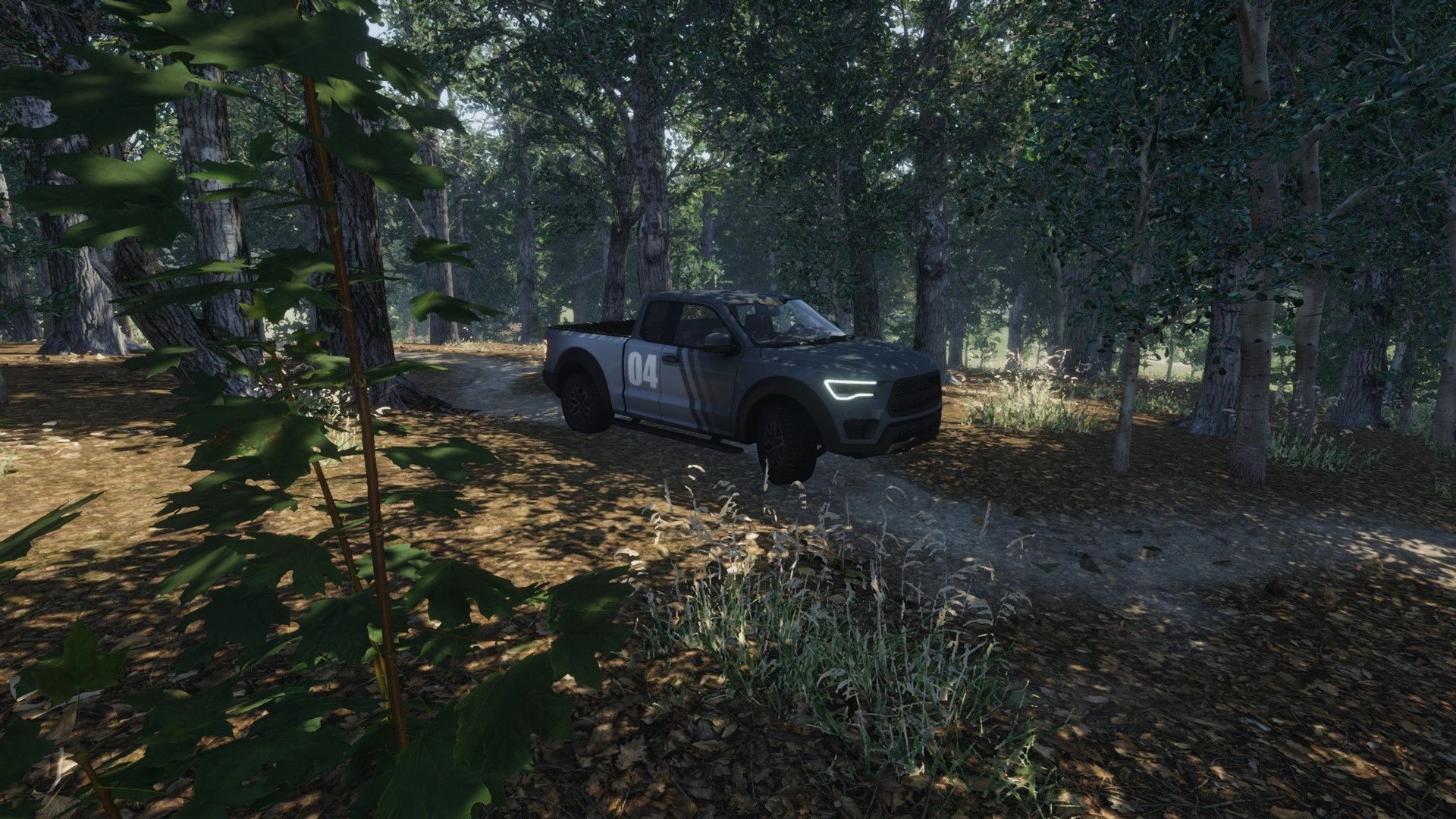 eXpanSIM: Off-road truck driving through a dense forest, surrounded by trees and underbrush