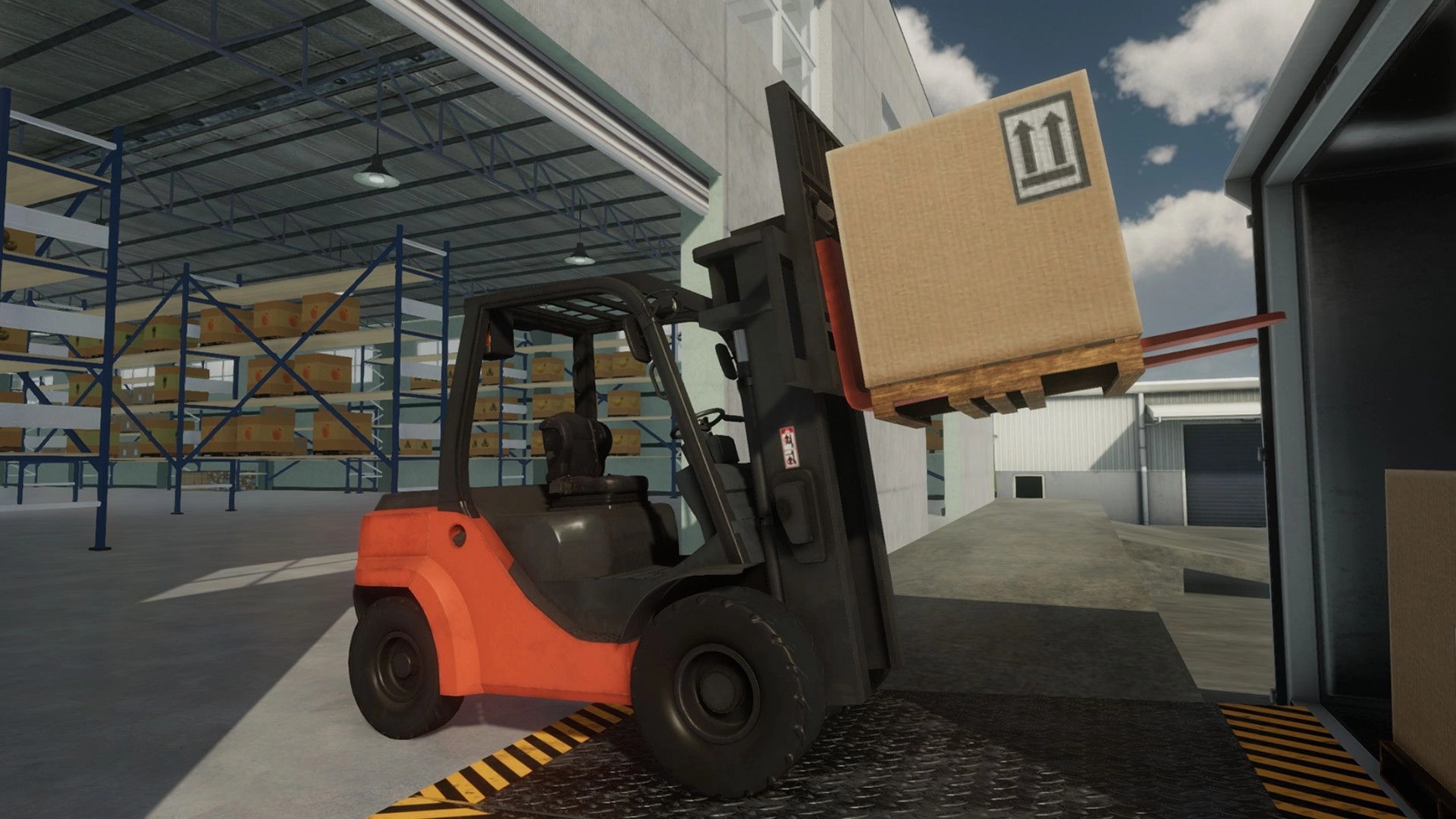 eXpanSIM: Forklift transporting a pallet inside a spacious warehouse with stacked shelves and open bay door