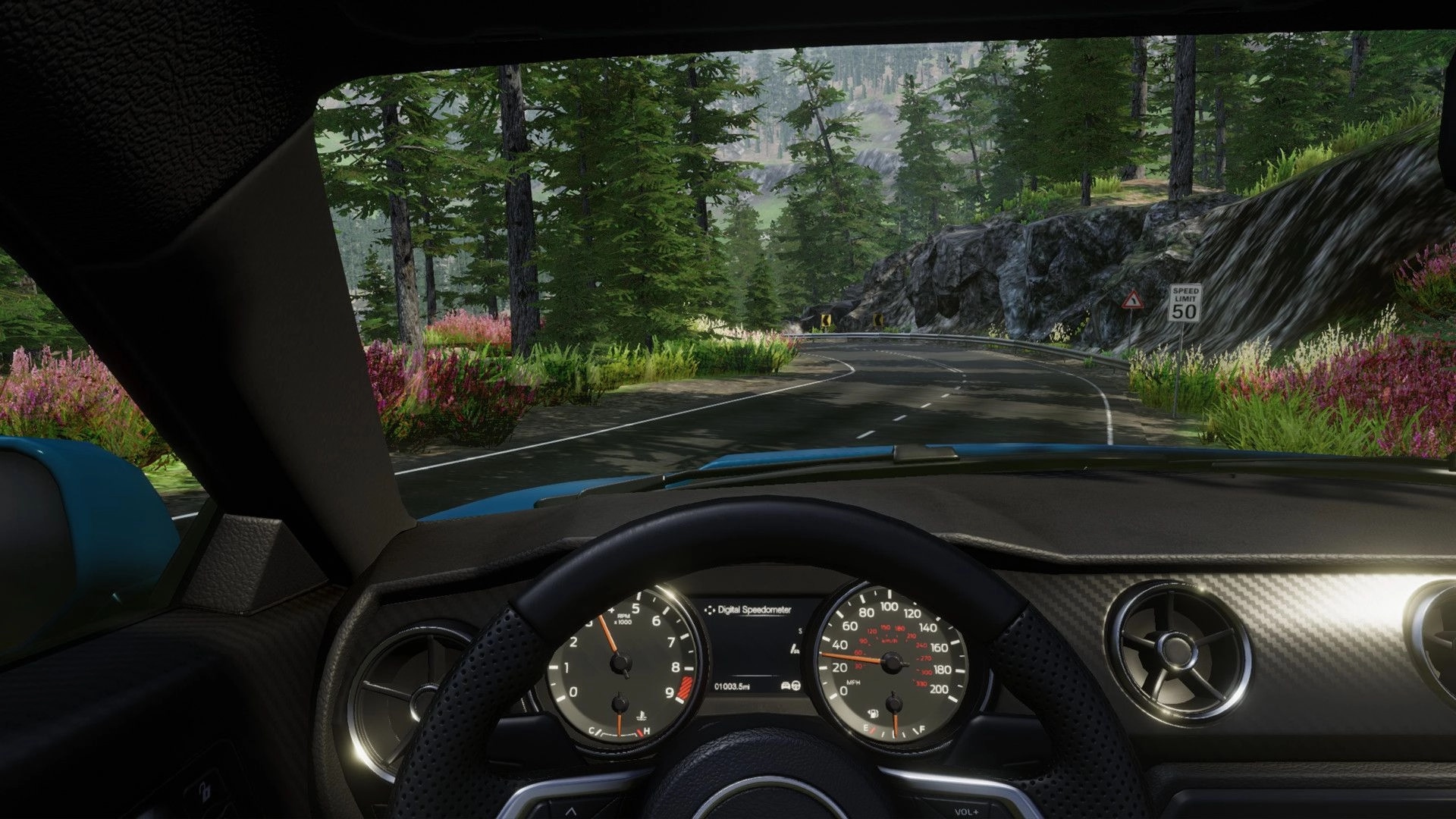 eXpanSIM: First-person driving view with dashboard visible on a winding forest road with speed limit sign