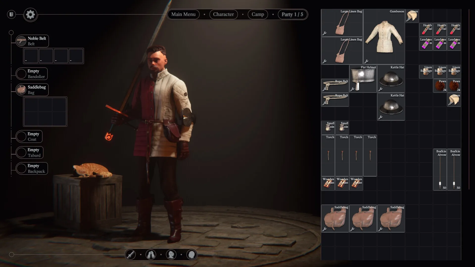 Expedition: Character inventory screen with gear slots and detailed item grid in dimly lit dungeon setting