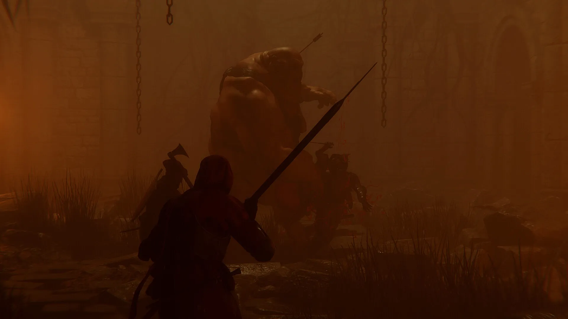 Expedition: Warrior confronting a massive ogre in a misty dungeon with chains and ancient stone walls