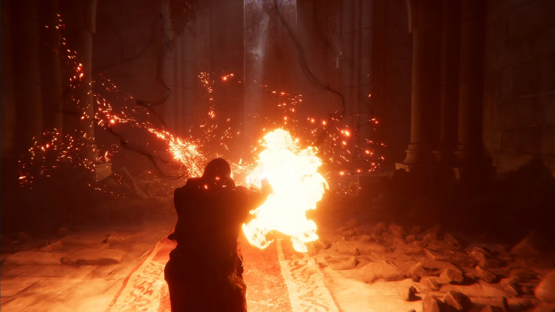 Expedition: Hero casting a fiery spell in a dimly lit, ancient stone cathedral filled with debris