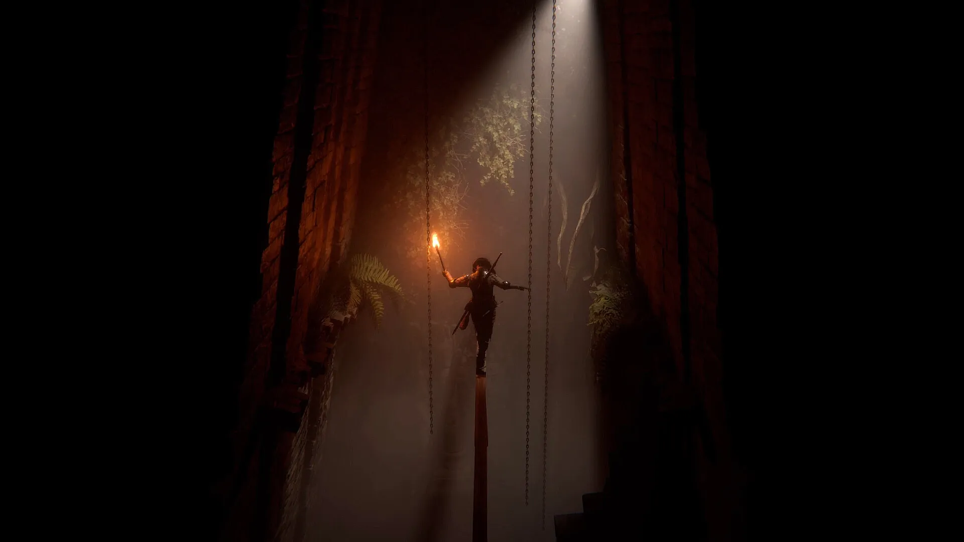 Expedition: Adventurer balances on a beam with torchlight in a dimly lit medieval dungeon chamber.