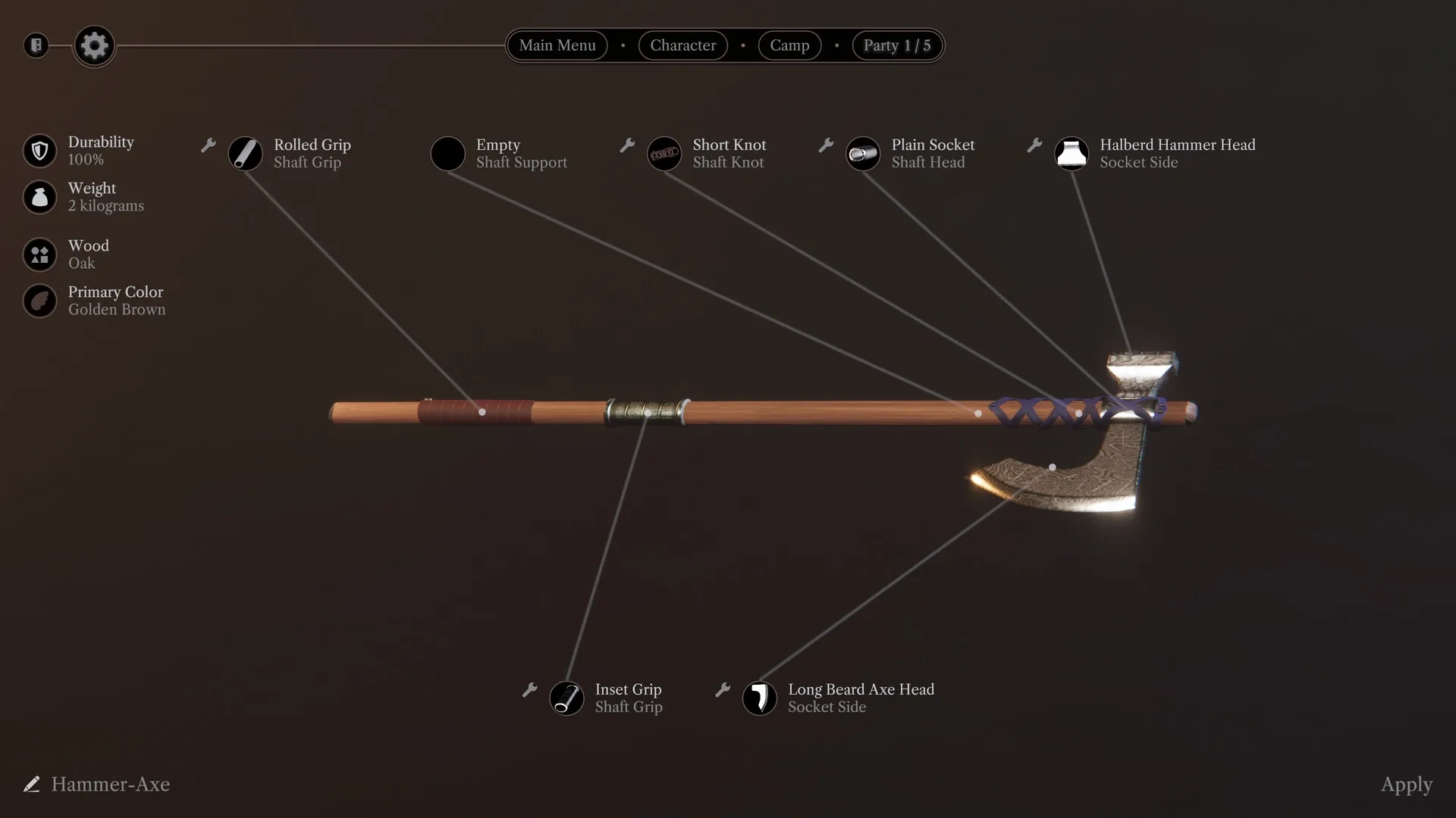 Expedition: Weapon customization screen displaying a detailed hammer-axe with various component options.